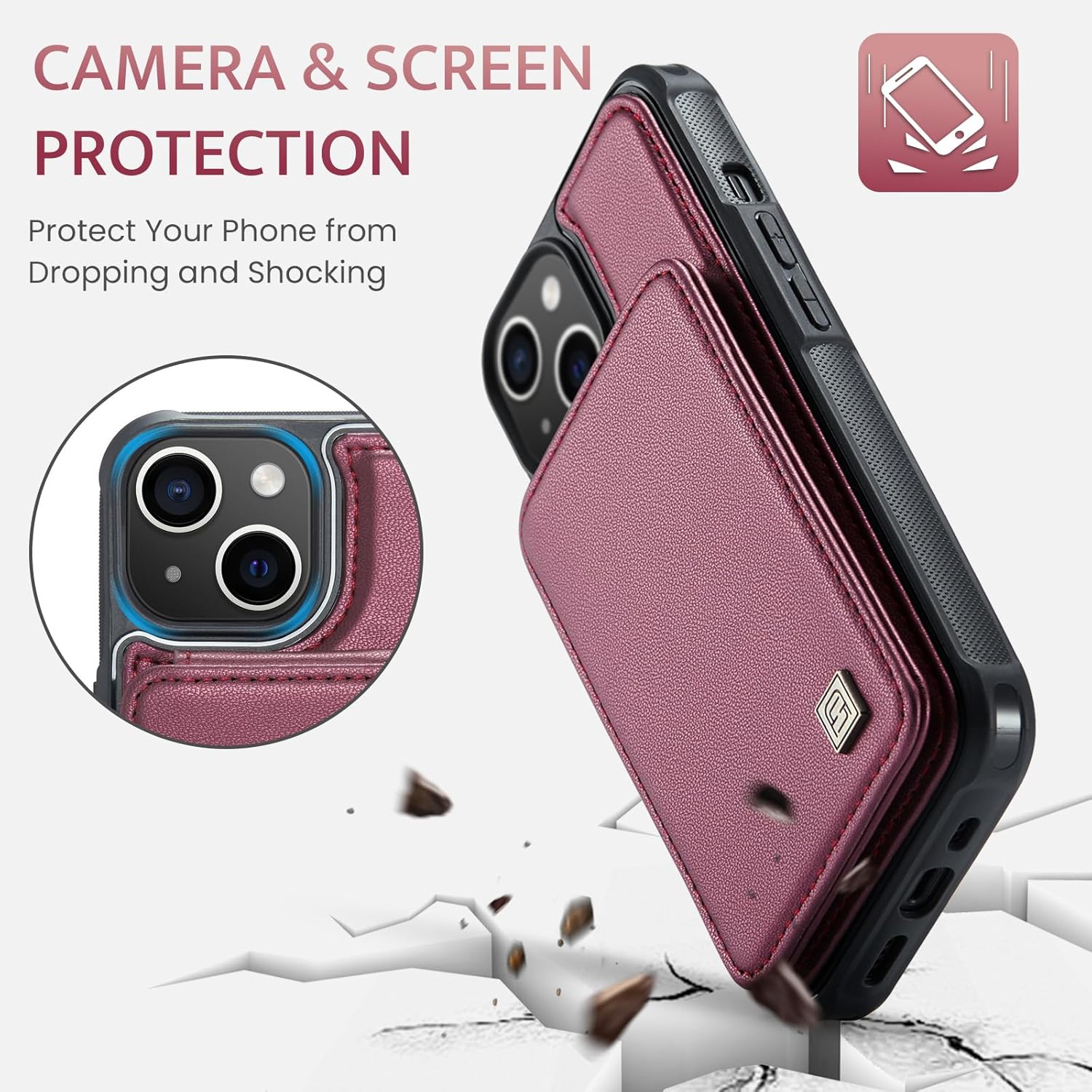 ASAPDOS Funda para iPhone 15 Series con tarjetero, Rosa Rojo