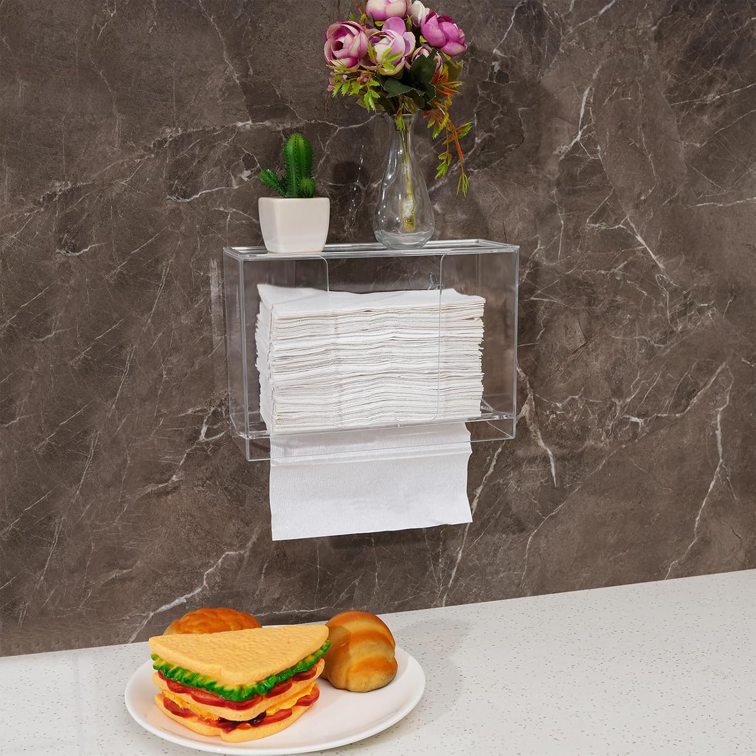 Dispensador de toallas de papel de montaje en pared con tapa, soporte de toalla de papel multipliegue transparente para encimera para cocina, baño,