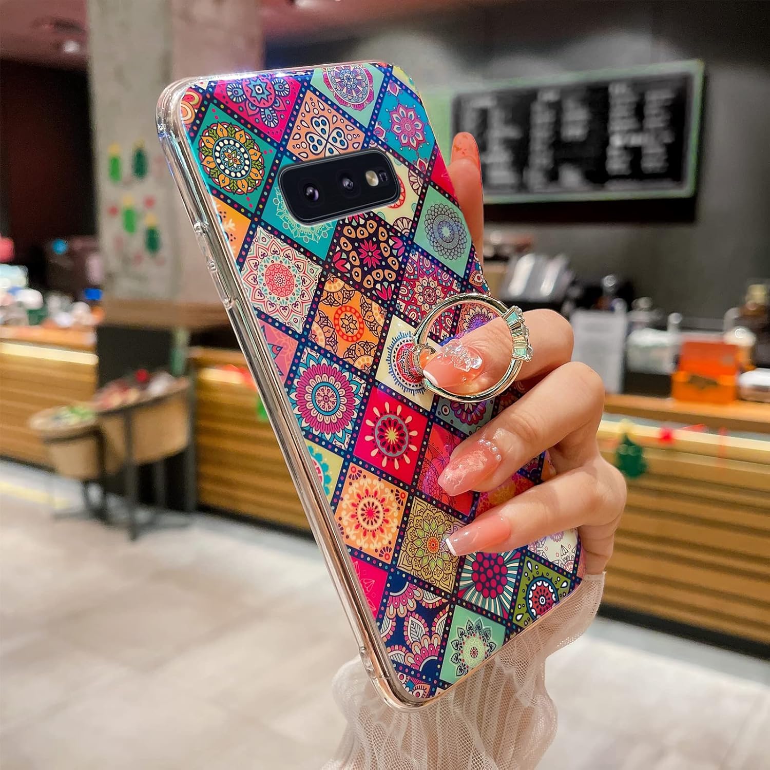 Funda para Samsung S10E (no S10), a prueba de golpes, funda de protección para adolescentes y mujeres con bonito anillo dorado soporte de flor