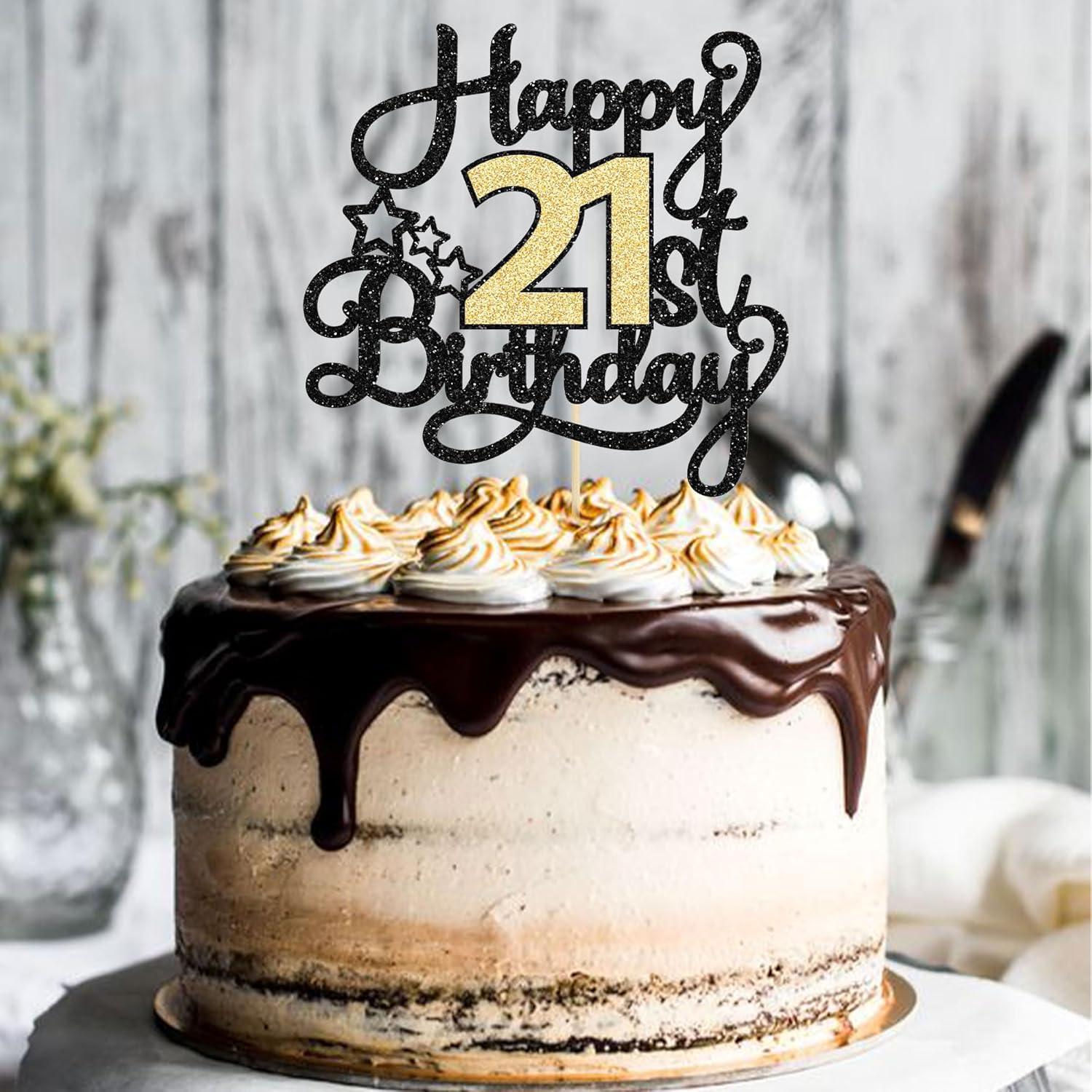1 decoración para pastel de cumpleaños número 21, color negro y dorado con purpurina para dulces de cumpleaños de 21 años, decoración de pastel de