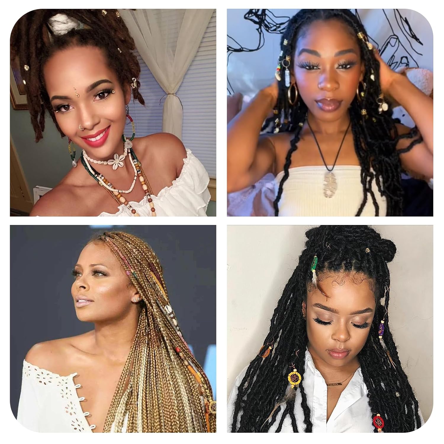 Qingchuang 241 piezas de joyas para el cabello para trenzas, rastas de metal dorado y plateado, conchas de imitación de madera, puños ajustables,