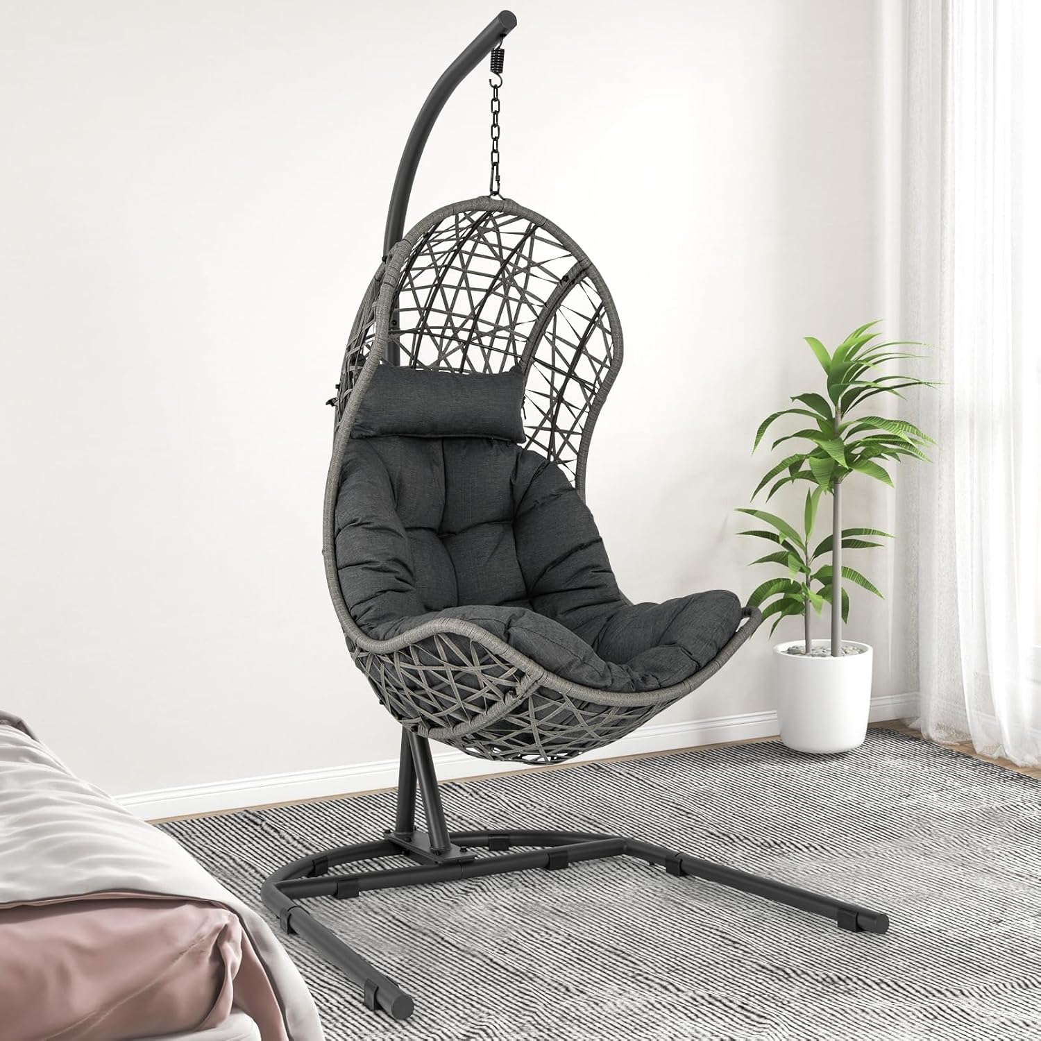 Giantex Silla de huevo para exteriores e interiores, silla hamaca con soporte, almohada, cojín, accesorios para colgar, cesta colgante de ratán de