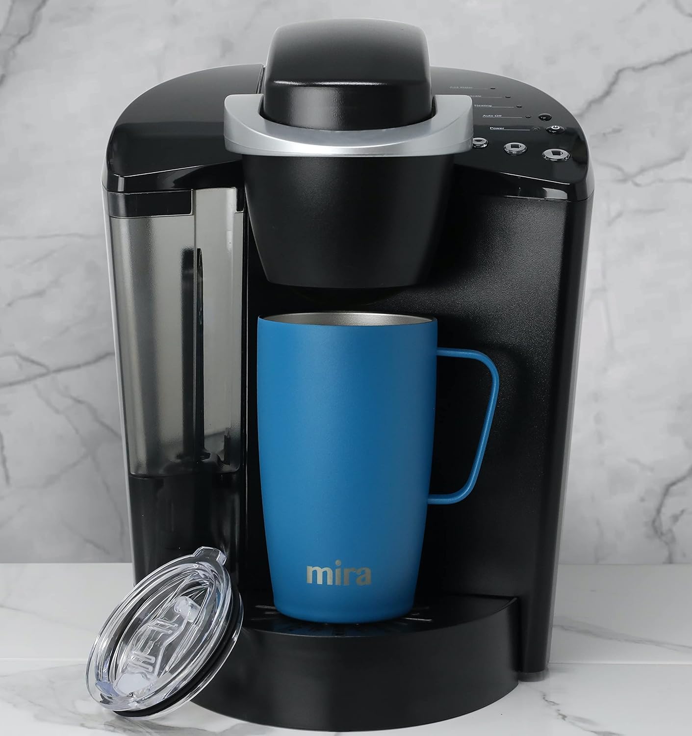 MIRA Taza de café aislada de 18 onzas con asa y tapa, apta para portavasos, acero inoxidable, iris