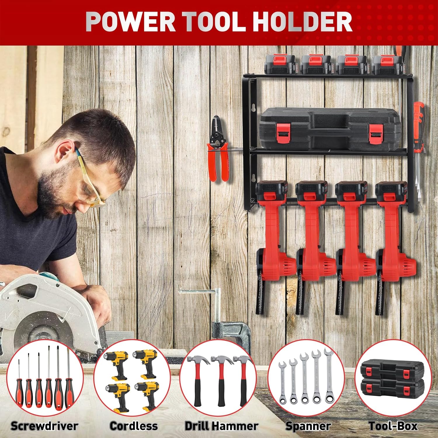 Organizador de herramientas eléctricas para montaje en pared, organizador de herramientas eléctricas con 4 soportes de almacenamiento, organizador