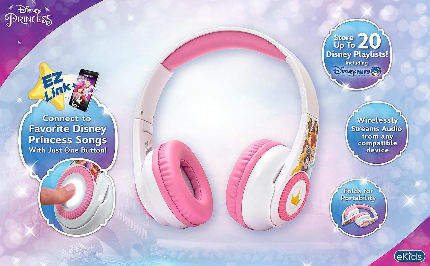 eKids Disney Princess – Auriculares Bluetooth con EZ Link+, auriculares inalámbricos con micrófono y cable de audio, auriculares para niños para
