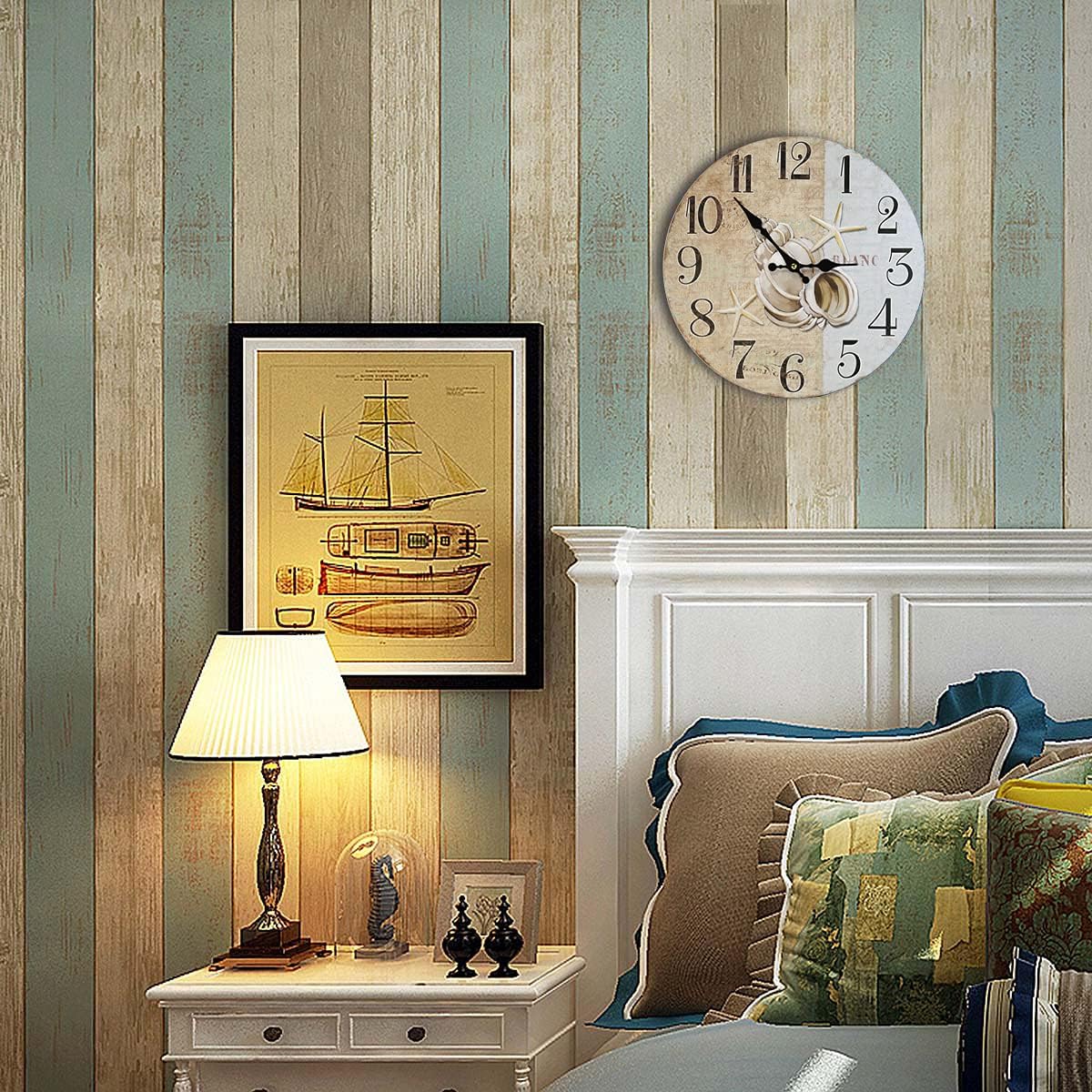 Reloj de pared de madera de estrella de mar de concha decorativo de 13 pulgadas para decoración temática de playa para cocina, baño, oficina,