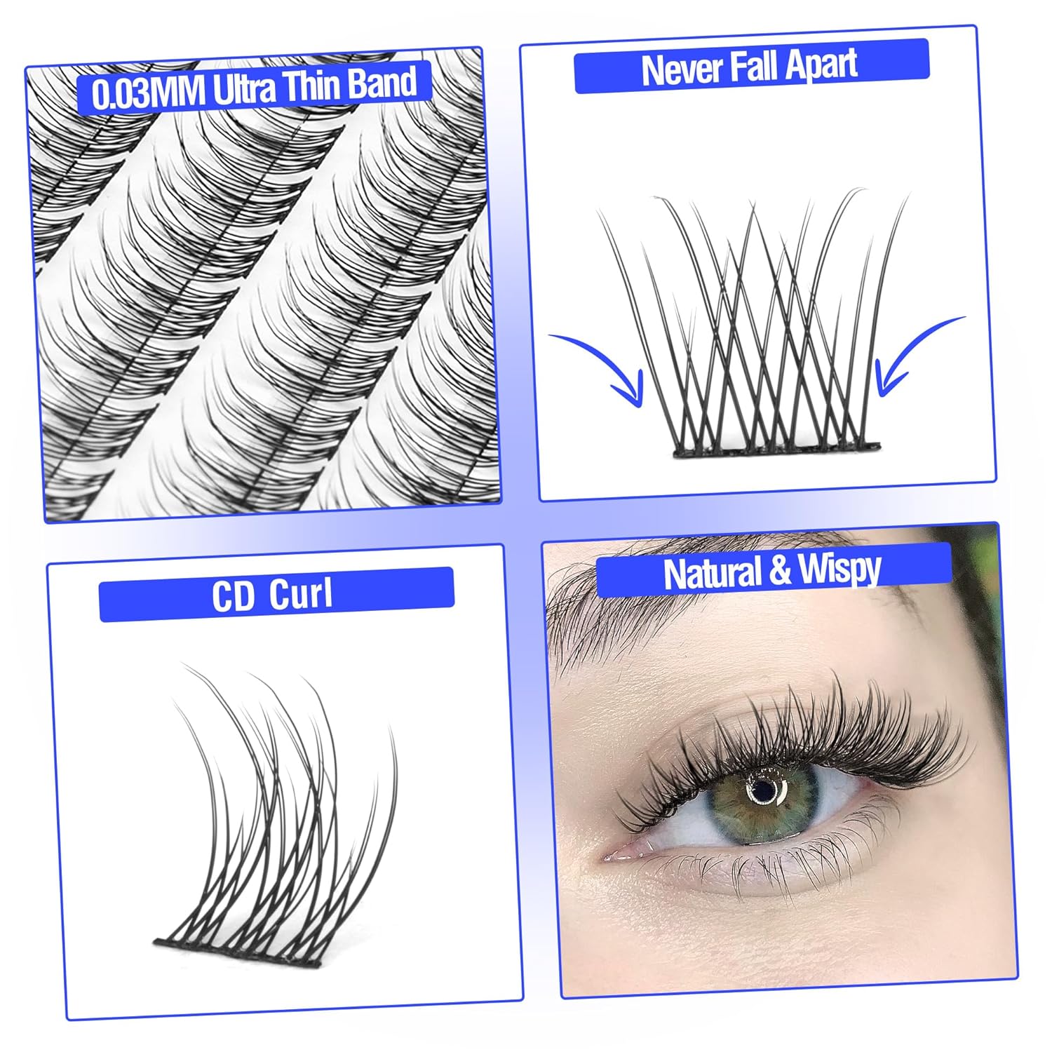 Kit de pestañas naturales en racimo, 168 unidades, extensiones de pestañas onduladas, rizo CC, 0.354-0.433 in, extensiones de pestañas de longitudes