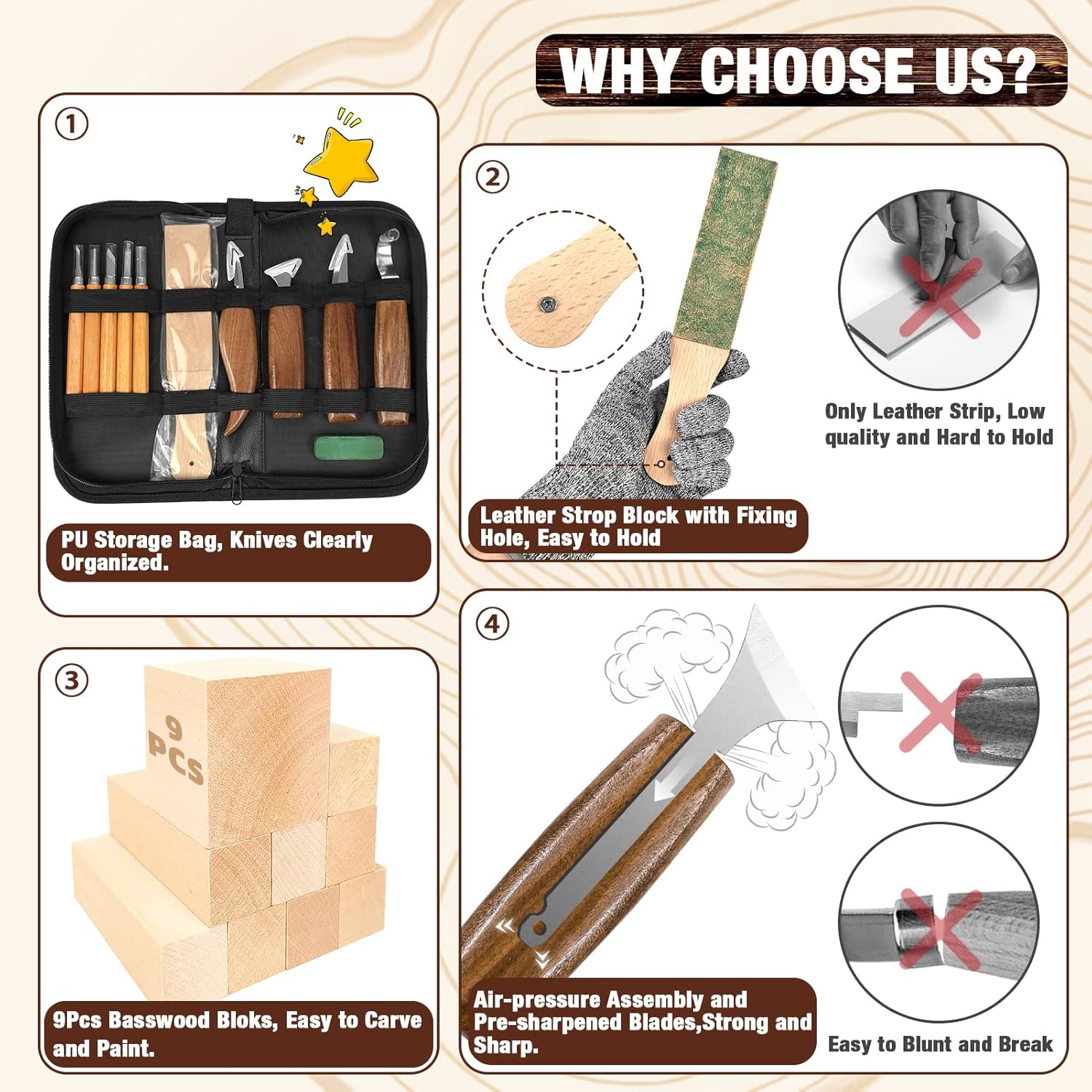 Kit de tallado de madera, 23 piezas de herramienta de tallado de madera con 4 cuchillos de tallado de madera y 5 cuchillos de detalle, 9 bloques de