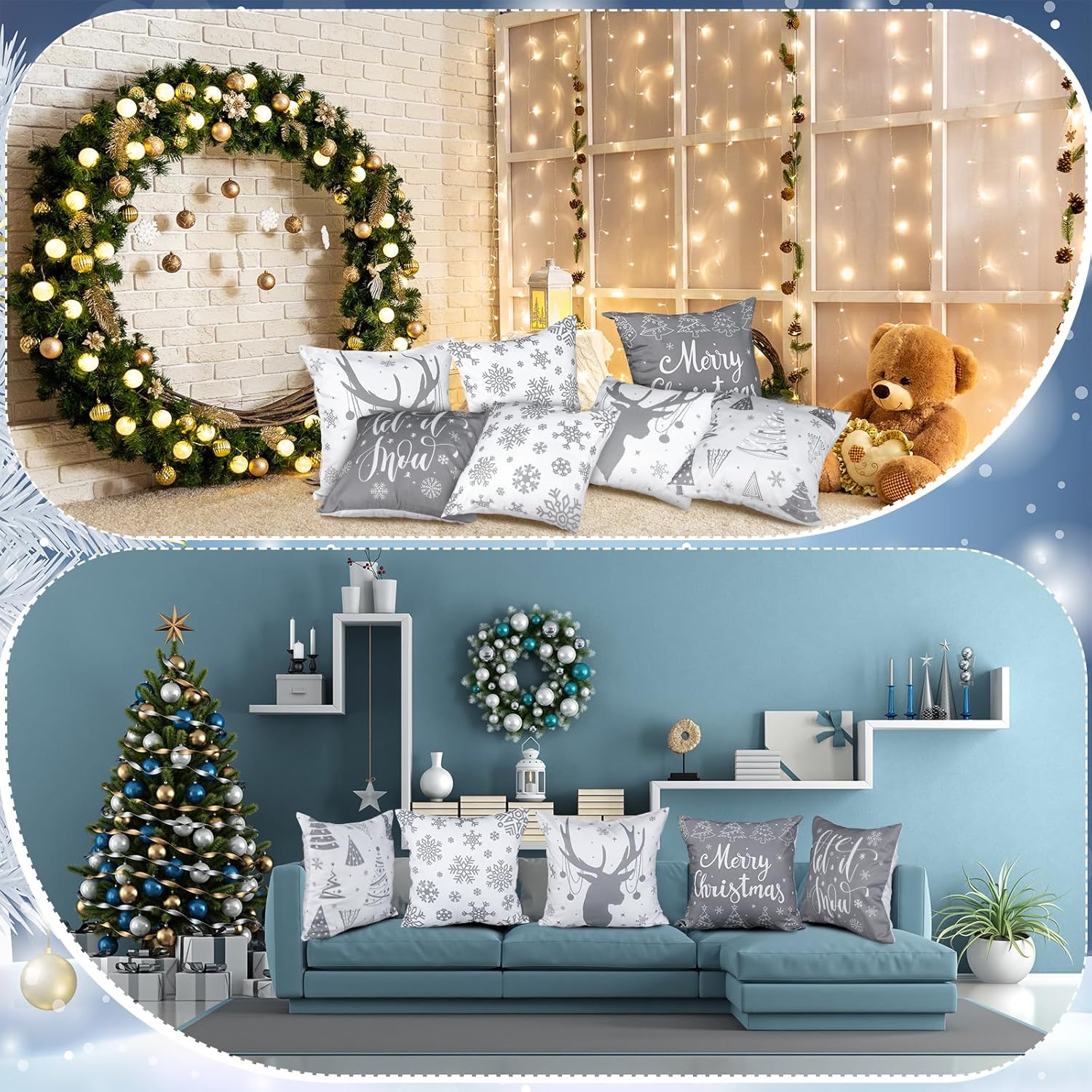 6 fundas de almohada de Navidad de 18 x 18 pulgadas, fundas de almohada de Navidad, fundas de almohada de invierno con copos de nieve, decoración