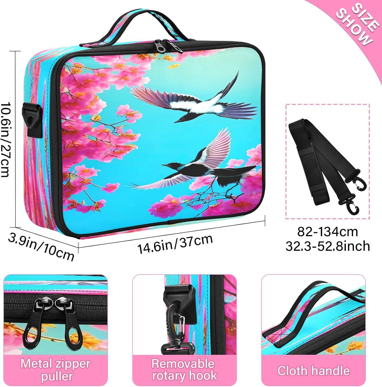 Bolsa de viaje de maquillaje de flores y pájaros rojo azul grande para artículos de aseo personal, bolsa de maquillaje de viaje, bolso para guardar