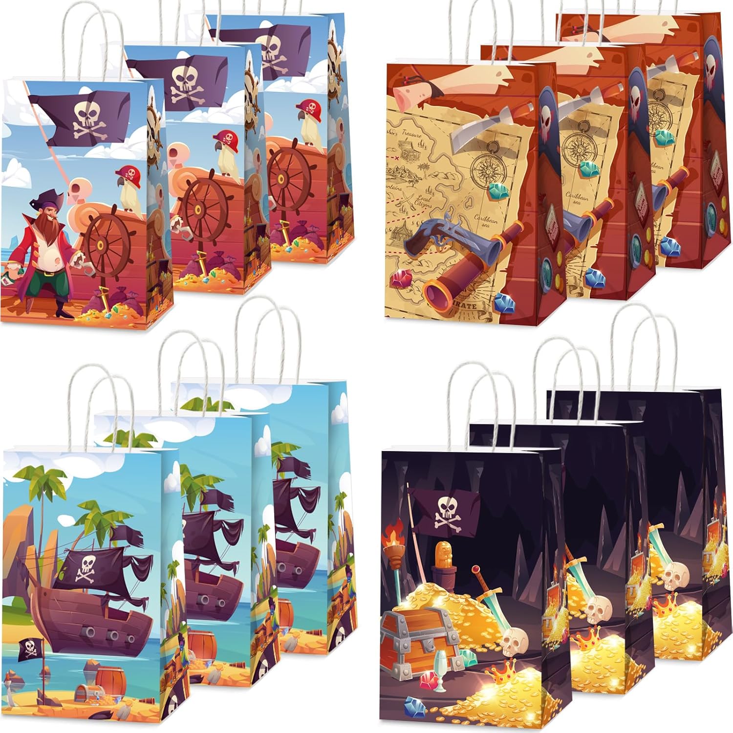 ZOIIWA 12 bolsas de papel desechables para fiesta del tesoro pirata, con asas, mapa del tesoro, bolsas de recuerdo de fiesta para fiesta de