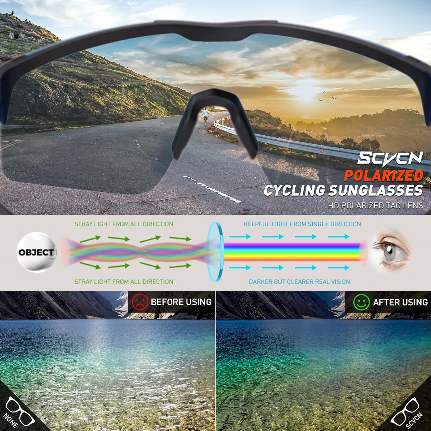 SCVCN Gafas de sol polarizadas para ciclismo, deportes, hombres y mujeres, MTB para montar en bicicleta de montaña, béisbol, correr, pesca