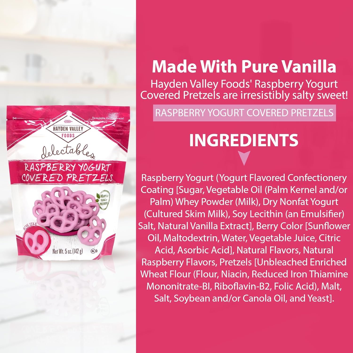 Hayden Valley Foods Paquete variado de pretzel cubierto de yogur, bolsas resellables de 5 onzas, paquete de 12 unidades, frambuesa, arándano y