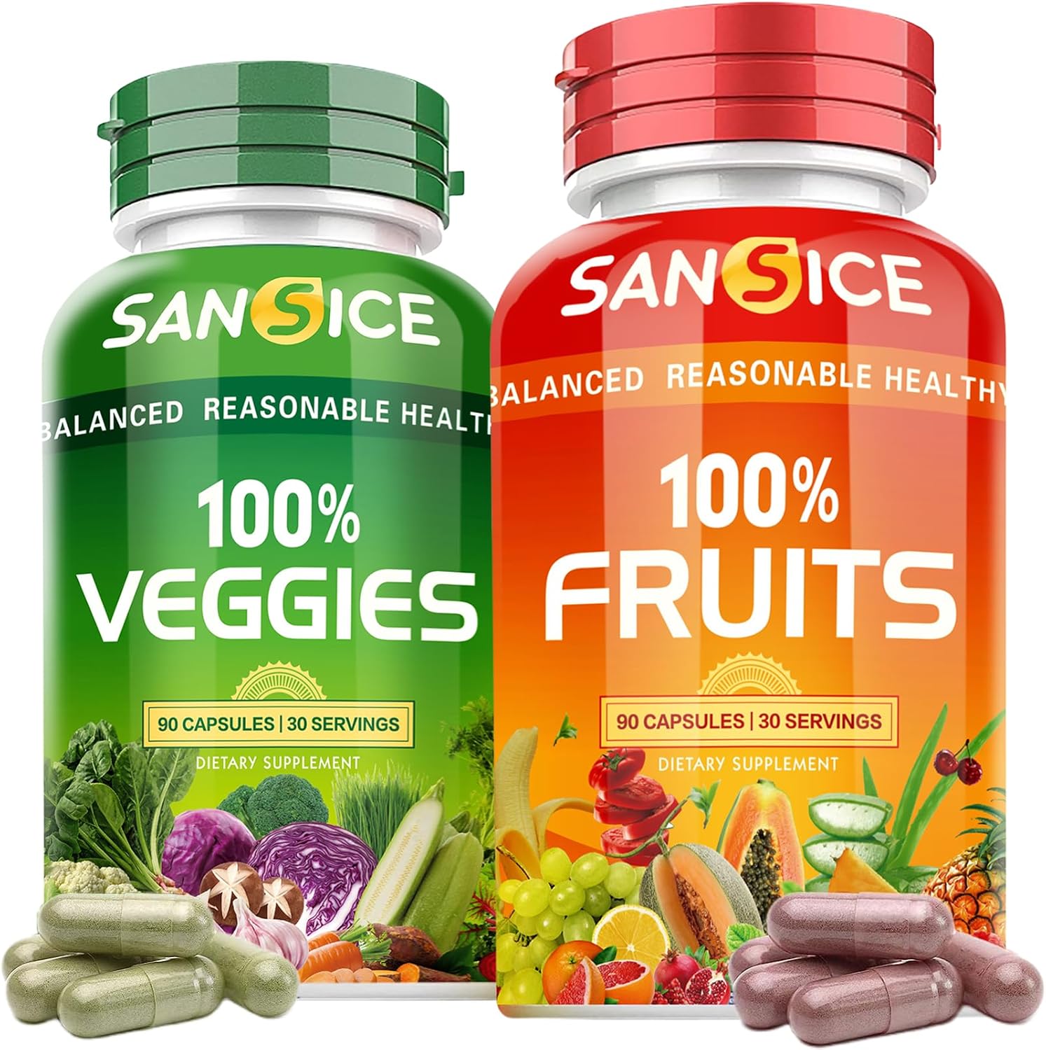 SANSICE Suplemento de frutas y verduras, vitaminas 100% naturales de frutas y verduras, sin soja y sin OMG, suplementos de verduras y frutas para