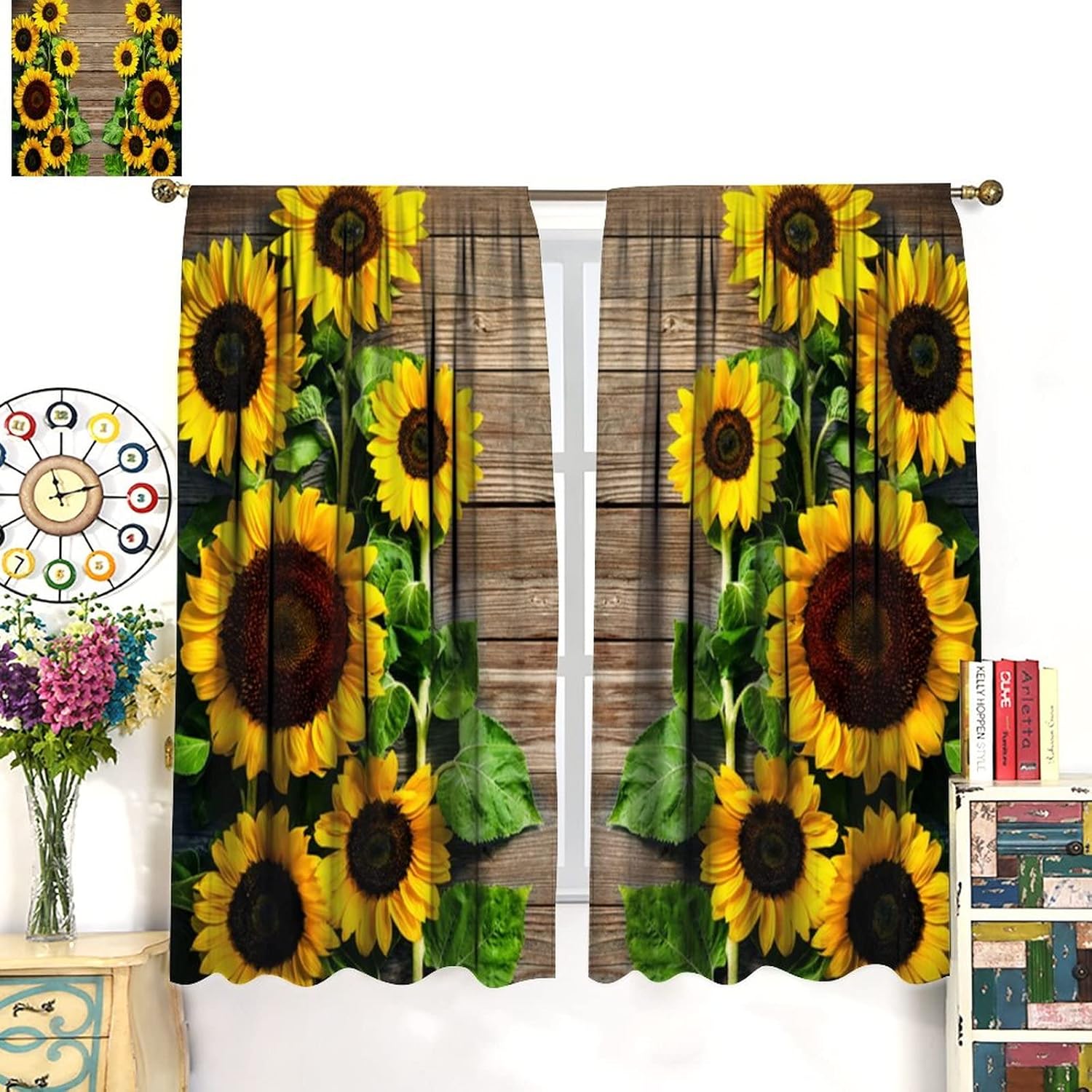 Cortinas de cocina con diseño de girasol, estampado 3D, con bolsillo para barra, para dormitorio, sala de estar, cafetería, tela de poliéster, juego
