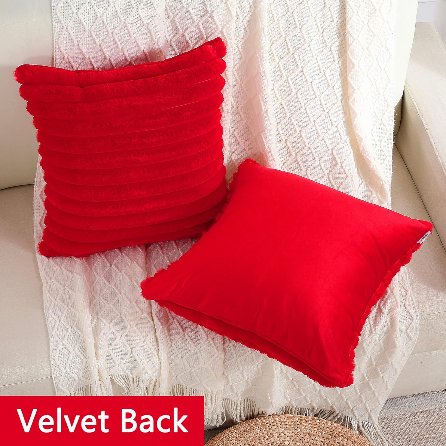 FUTEI – Juego de 2 fundas de almohada decorativas con rayas de color rojo, 20 x 20 pulgadas, cuadradas y primaverales, piel sintética de conejo
