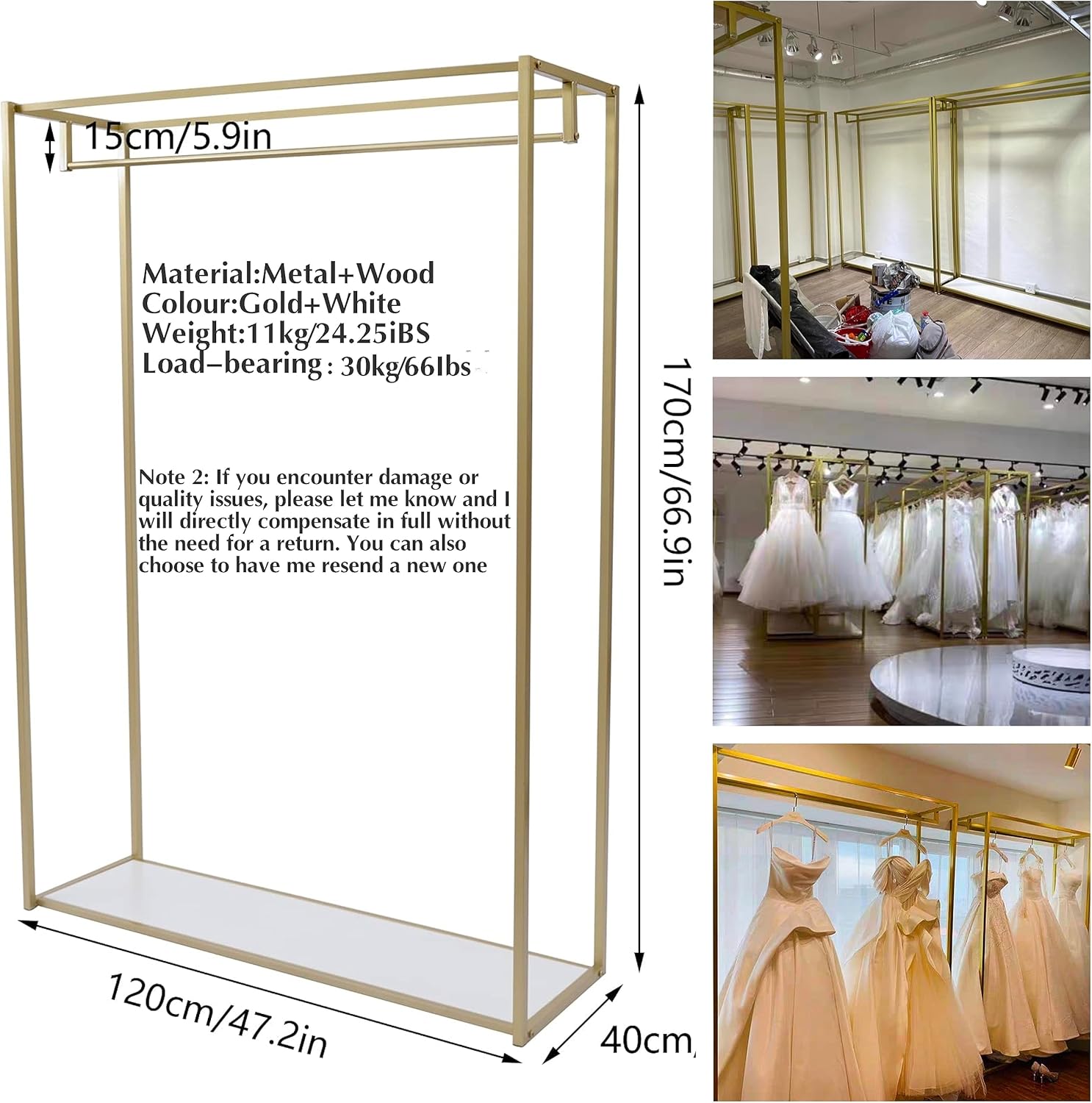 Percheros dorados de 67 pulgadas para boutiques, estante para vestidos de novia al por menor, estante de ropa comercial resistente, estantes de