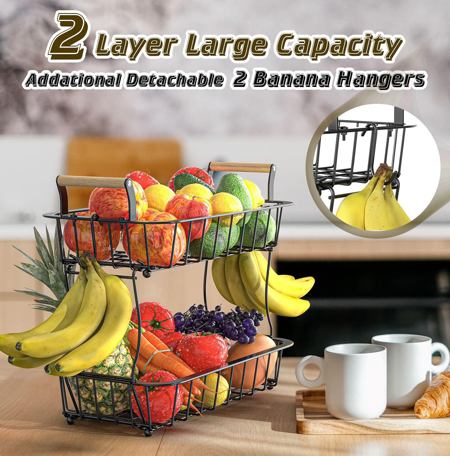 Cesta de frutas de 2 niveles para encimera de cocina con 2 ganchos para plátanos, cuenco de frutas para encimera de cocina, soporte grande para