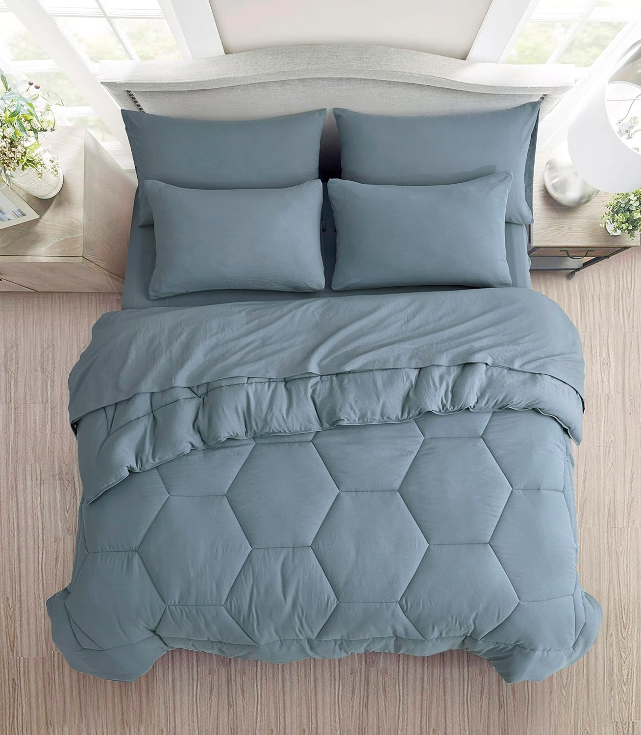 Chezmoi Collection Piper – Juego de cama matrimonial en una bolsa, 7 piezas, acolchado hexagonal de panal de abeja, suave lavado, microfibra de