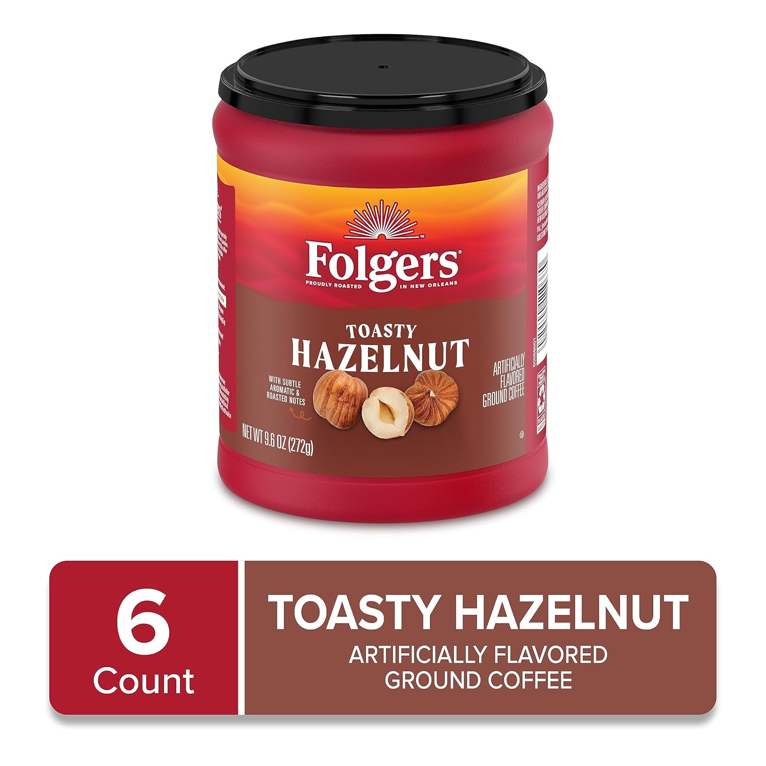 Folgers Café molido con sabor a avellana tostada, recipiente de 9.6 onzas (paquete de 6)