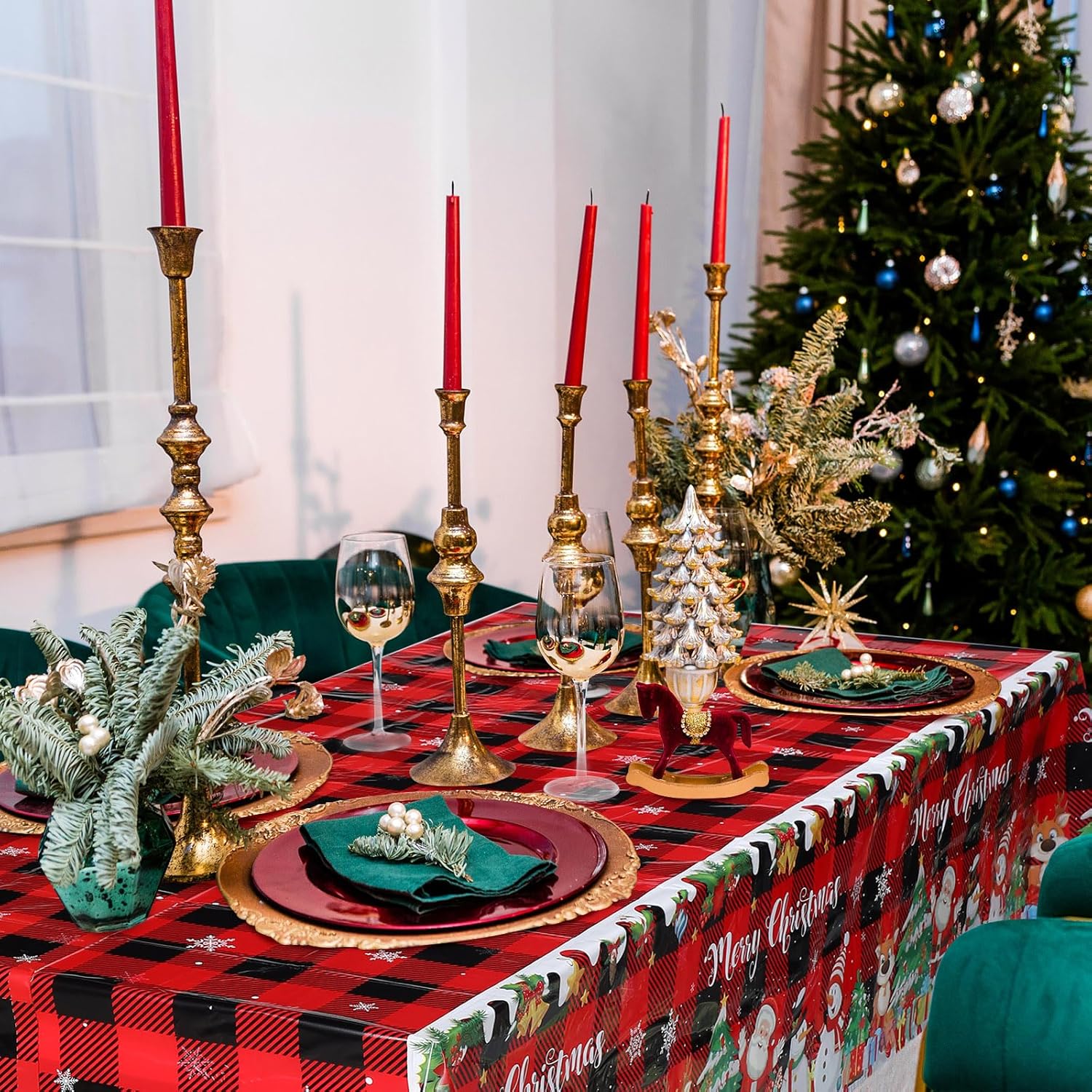 Tiamon Mantel de Navidad con diseño de búfalo de Navidad, mantel de picnic rojo y negro, mantel de plástico con copos de nieve para decoración de