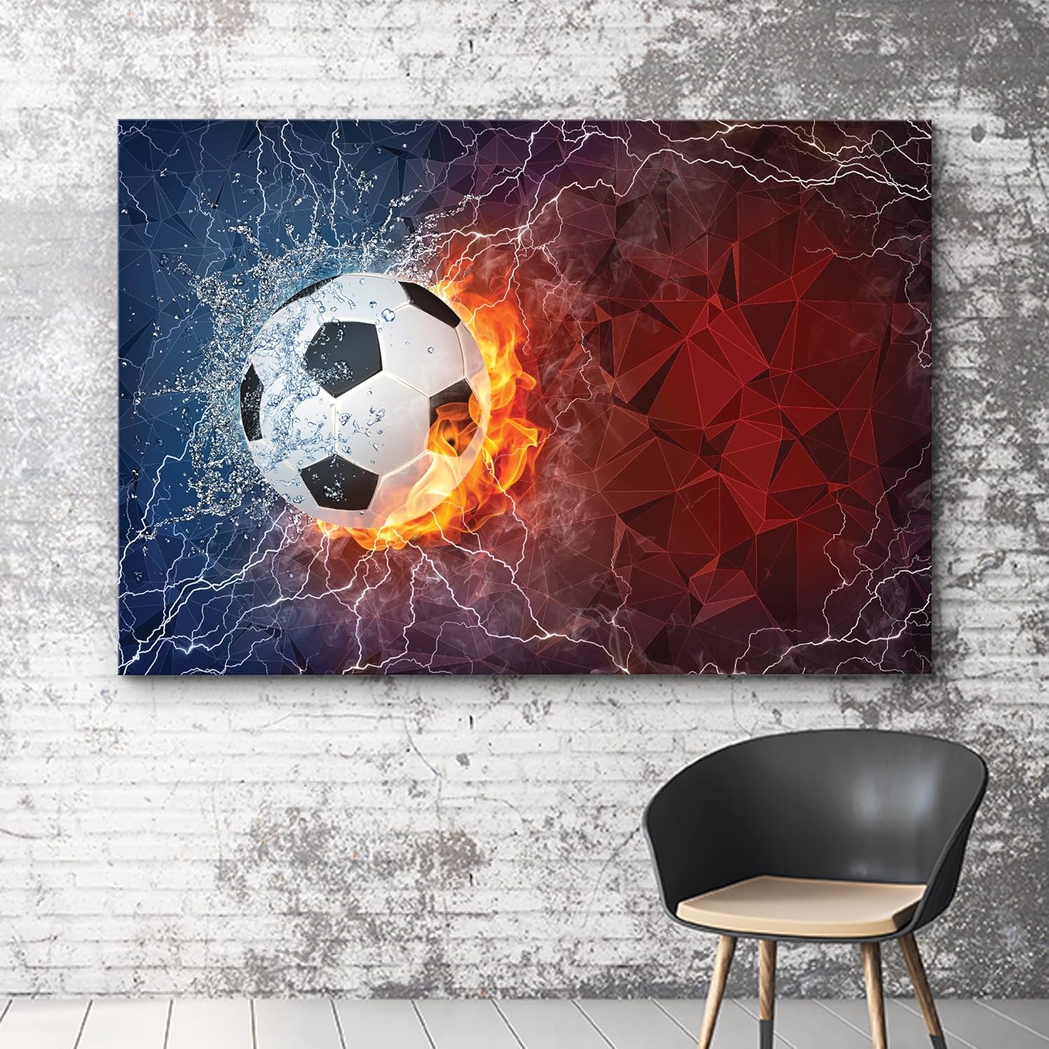 wall26 Lienzo impreso para pared, diseño de pelota de fútbol ardiente, aplasta, deportistas, fotografía, realismo, contemporáneo, escénico, urbano,