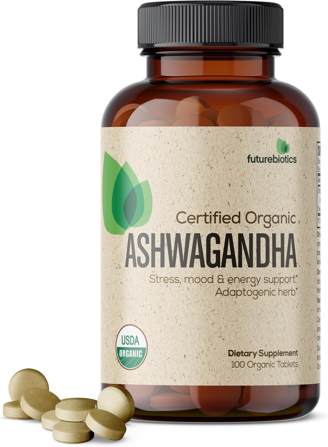 Futurebiotics Ashwagandha orgánica certificada, hierba adaptogénica de apoyo al estrés y energía, sin OMG, 100 tabletas orgánicas