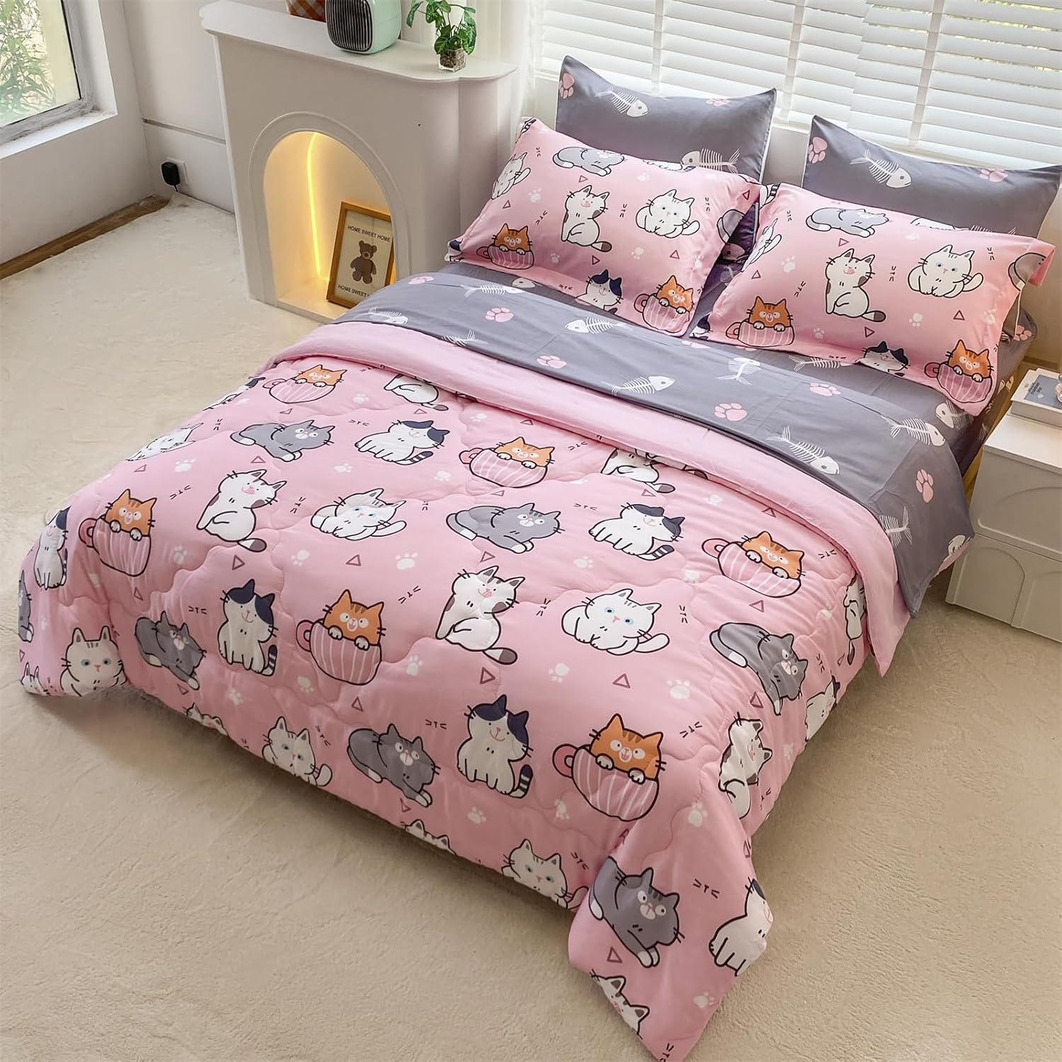 Juego de edredón de 7 piezas con diseño de gatos para niñas, tamaño matrimonial, ropa de cama en una bolsa, diseño de dibujos animados para niños y