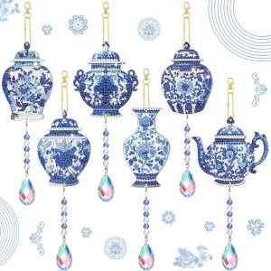 Juego de 6 campanillas de viento de cristal de viento con diseño de diamante 5D con diseño de porcelana, adornos de porcelana azul y blanca de doble Juego de 6 campanillas de viento de cristal de viento con diseño de diamante 5D con diseño de porcelana, adornos de porcelana azul y blanca de doble