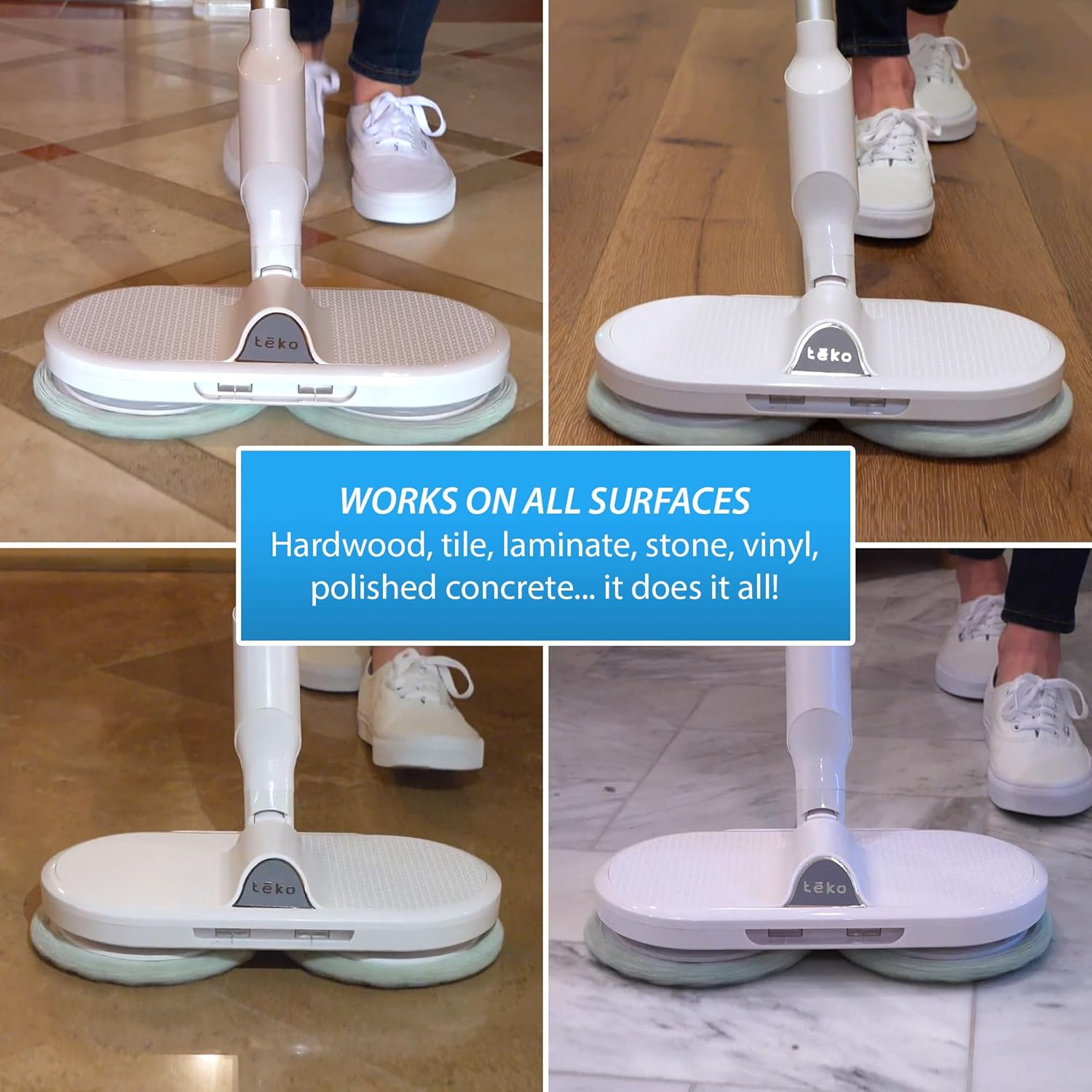 Teko Hover Scrubber Omni – Trapeador eléctrico inalámbrico, cabezal motorizado de doble giro y accesorio de limpieza de zócalo, trapeadores ligeros