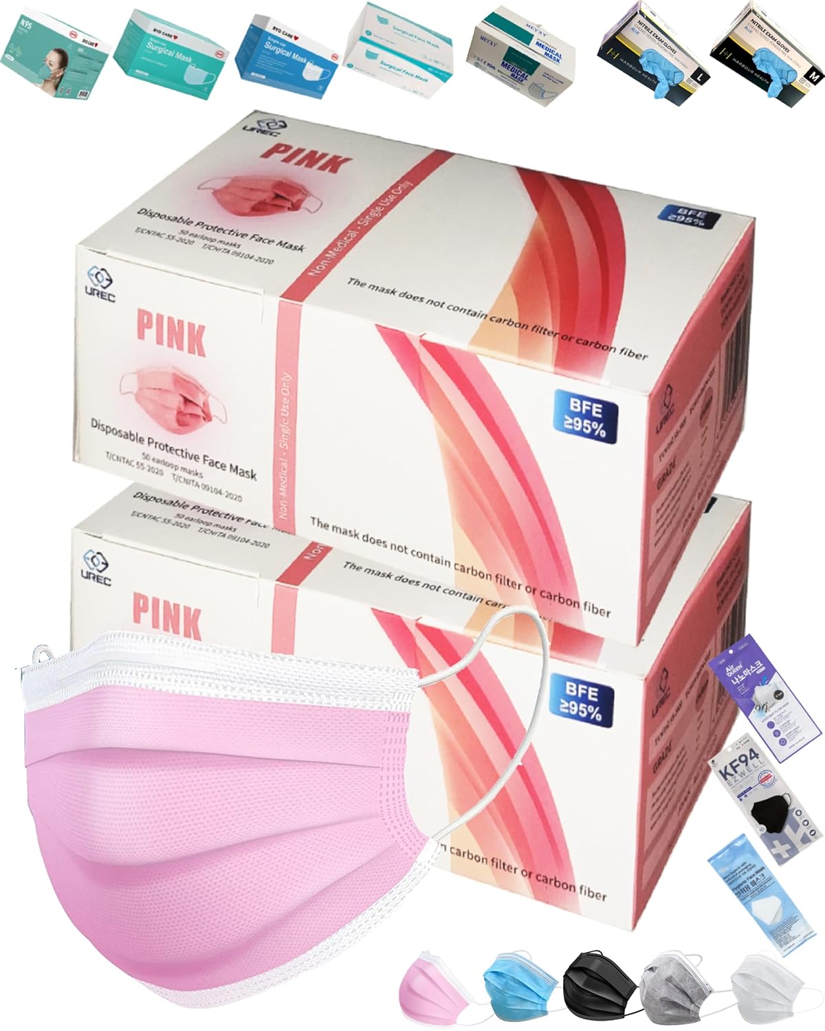 100 cubrebocas desechables de color rosa para mujer, 3 capas (2 no tejidos1 tela fundida) de un solo uso, clip para la nariz, ventilación de alta