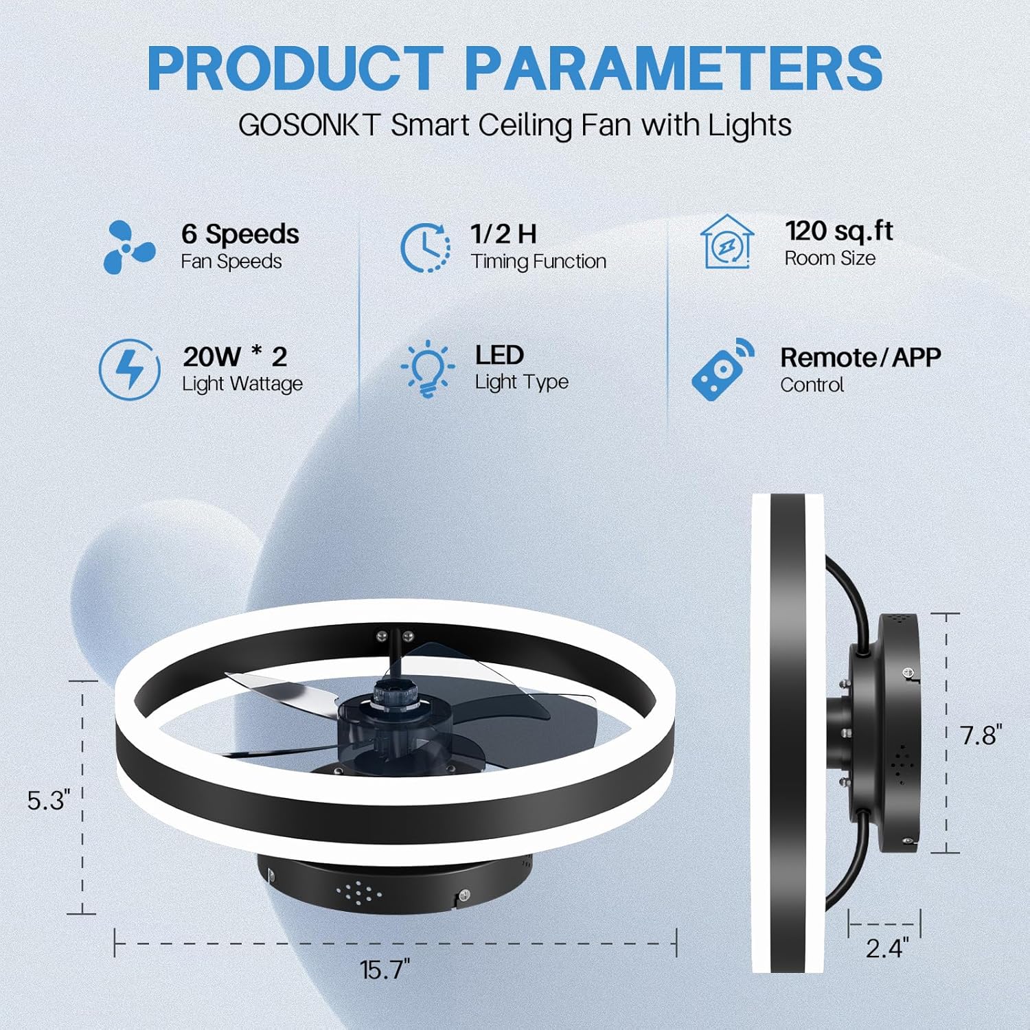Ventilador de techo pequeño LED de perfil bajo de 15.7 pulgadas con luz, moderno, montaje empotrado semi-cerrado, aplicación inteligente y control