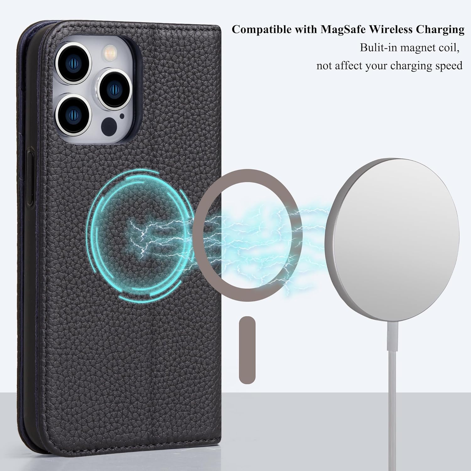 VISOUL Pebbled – Funda de piel auténtica para iPhone 15 Pro Max, funda tipo cartera con MagSafe y soporte para tarjetas, funda magnética con función