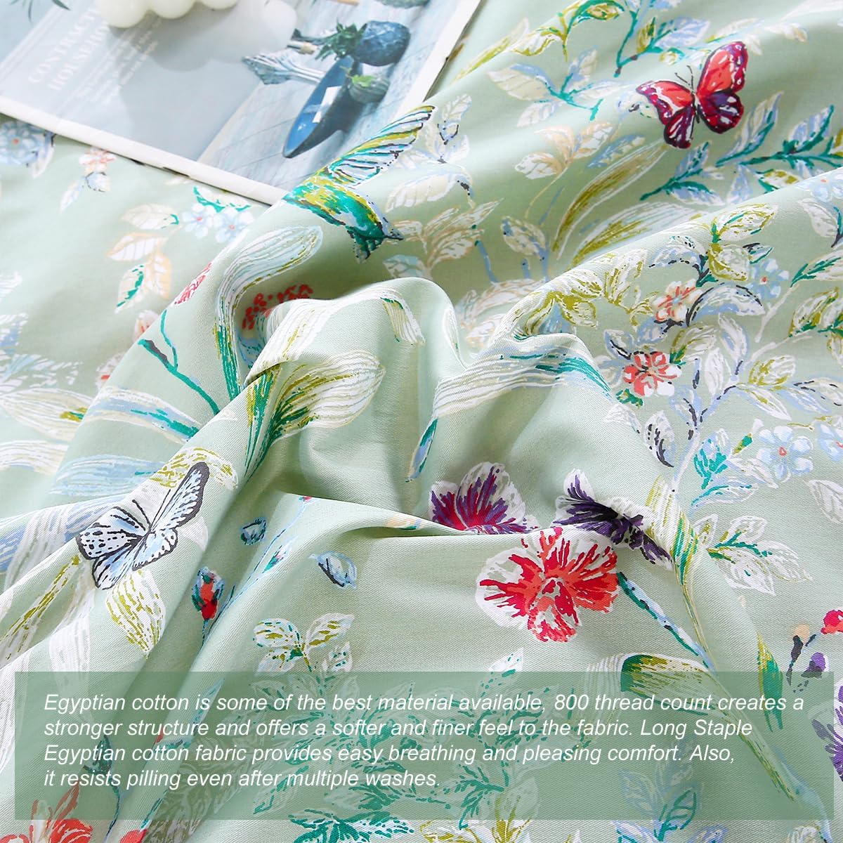 URBONUR Juego de funda de edredón floral verde, tamaño matrimonial, 100% algodón egipcio satinado, juego de ropa de cama con estampado de mariposas