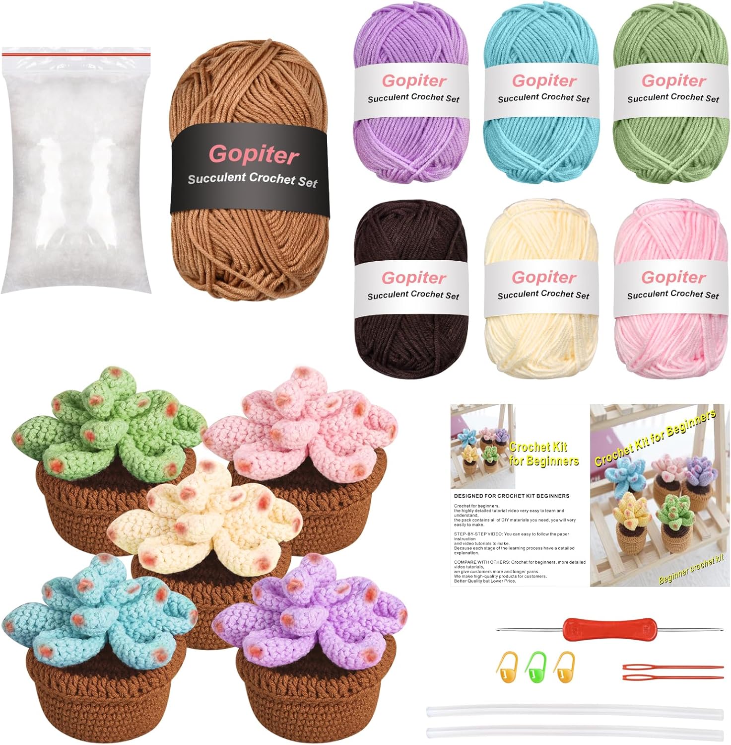 UEIEU Kit de ganchillo para principiantes, plantas de flores, kit de inicio de ganchillo, adecuado para adultos, kit de ganchillo para