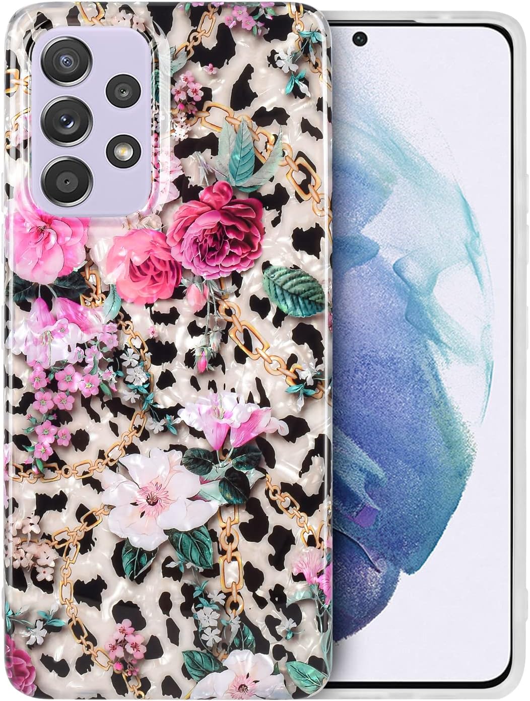 Funda cuadrada de flores para Samsung Galaxy A53 5G con patrón de concha de leopardo, bonito diseño de purpurina para mujeres y niñas, a prueba de