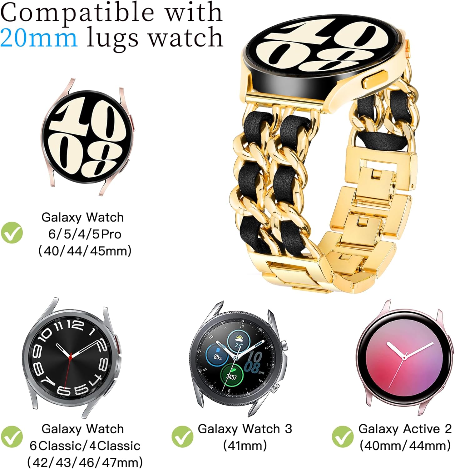Galaxy Watch 6 5 4 Correa de 0.787 pulgadas (0.787 in), correa de vaquero para Samsung Galaxy Watch 4 5 6 correa de 1.575 pulgadas y 1.732 pulgadas,