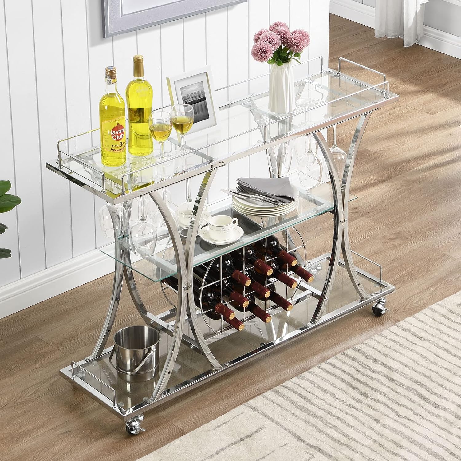 HOMYSHOPY Carrito de servicio de bar con soporte para vidrio y estante para vino, carrito de cocina de 3 niveles con estantes de vidrio templado y