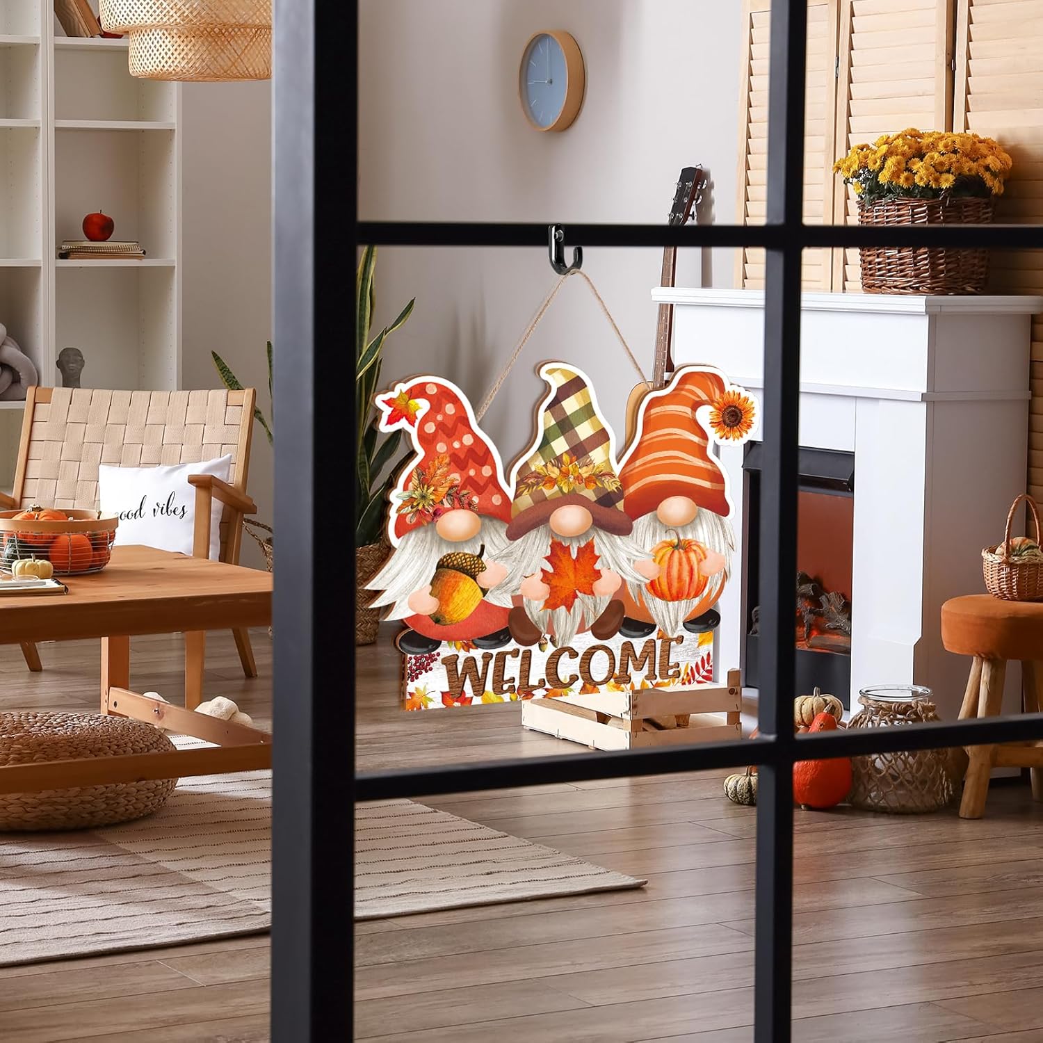 Whaline Letrero colgante de madera de otoño, gnomos, otoño, Acción de Gracias, letrero rústico de puerta de madera para cosecha de otoño, decoración