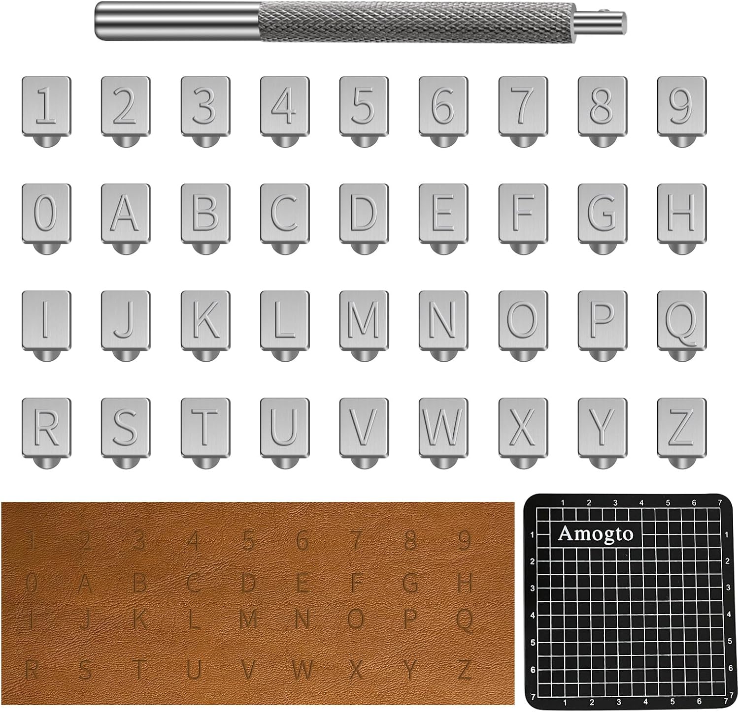 Amogto Herramientas de estampado de cuero, kit de estampado de cuero del alfabeto, 38 herramientas de artesanía de cuero, 26 letras mayúsculas y 10