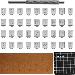 Amogto Herramientas de estampado de cuero, kit de estampado de cuero del alfabeto, 38 herramientas de artesanía de cuero, 26 letras mayúsculas y 10 Amogto Herramientas de estampado de cuero, kit de estampado de cuero del alfabeto, 38 herramientas de artesanía de cuero, 26 letras mayúsculas y 10