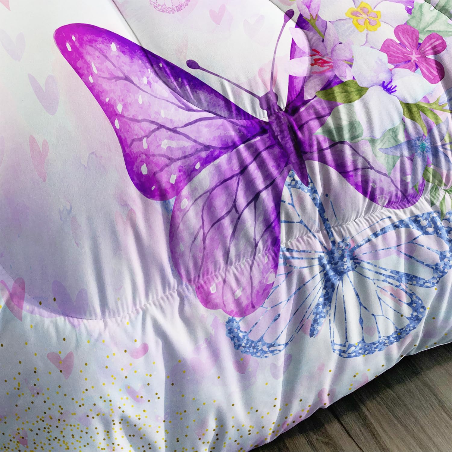 CVHOUSE Hermoso juego de edredón de mariposa, tamaño individual, juego de ropa de cama de flores en flor y mariposa voladora, juego de edredón suave