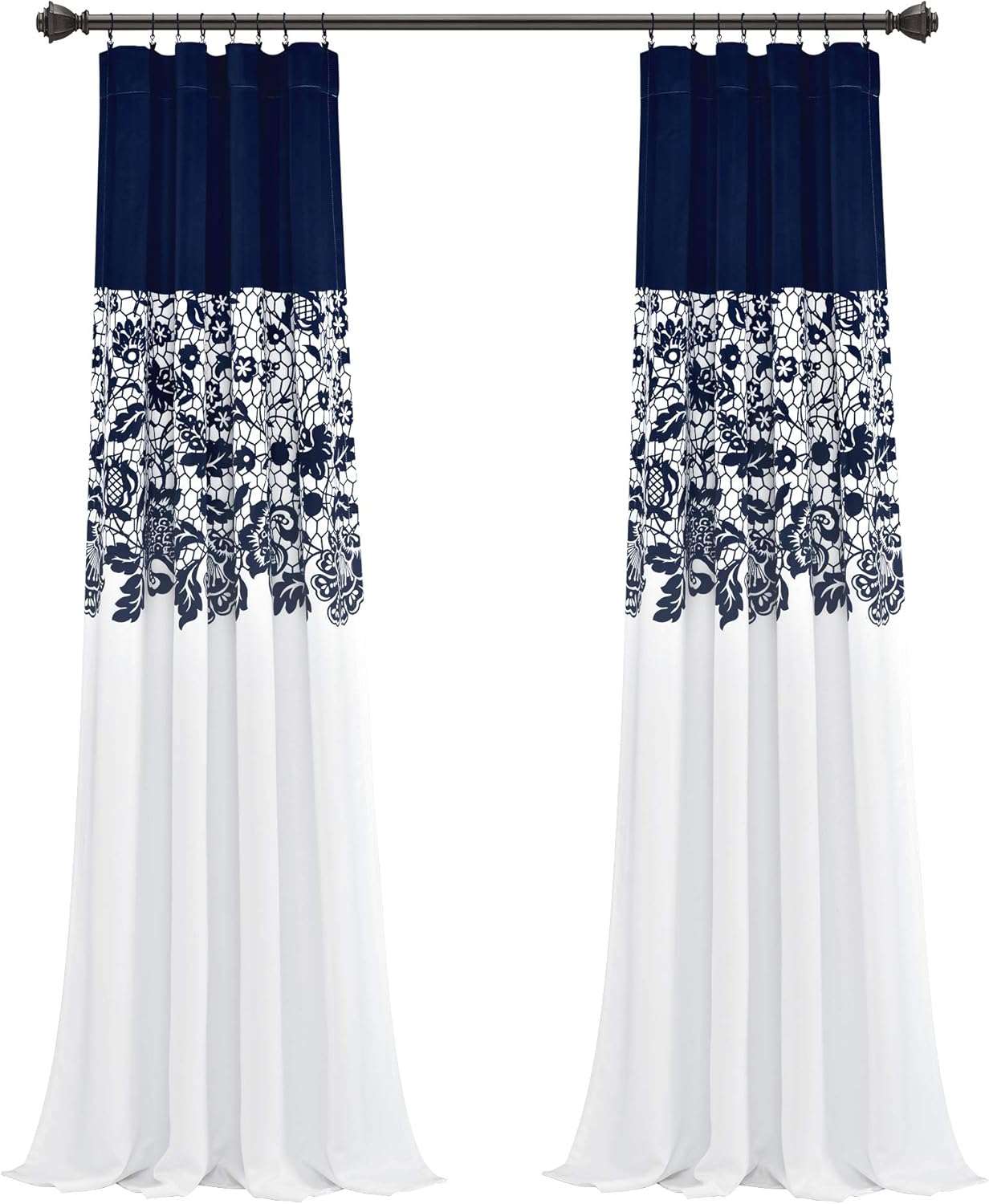 LUSH DÉCOR – Cortinas estampadas con filtro de luz azul marino Lush Decor Estate Garden para sala, comedor, dormitorio (par), largo ancho, 84 x 52