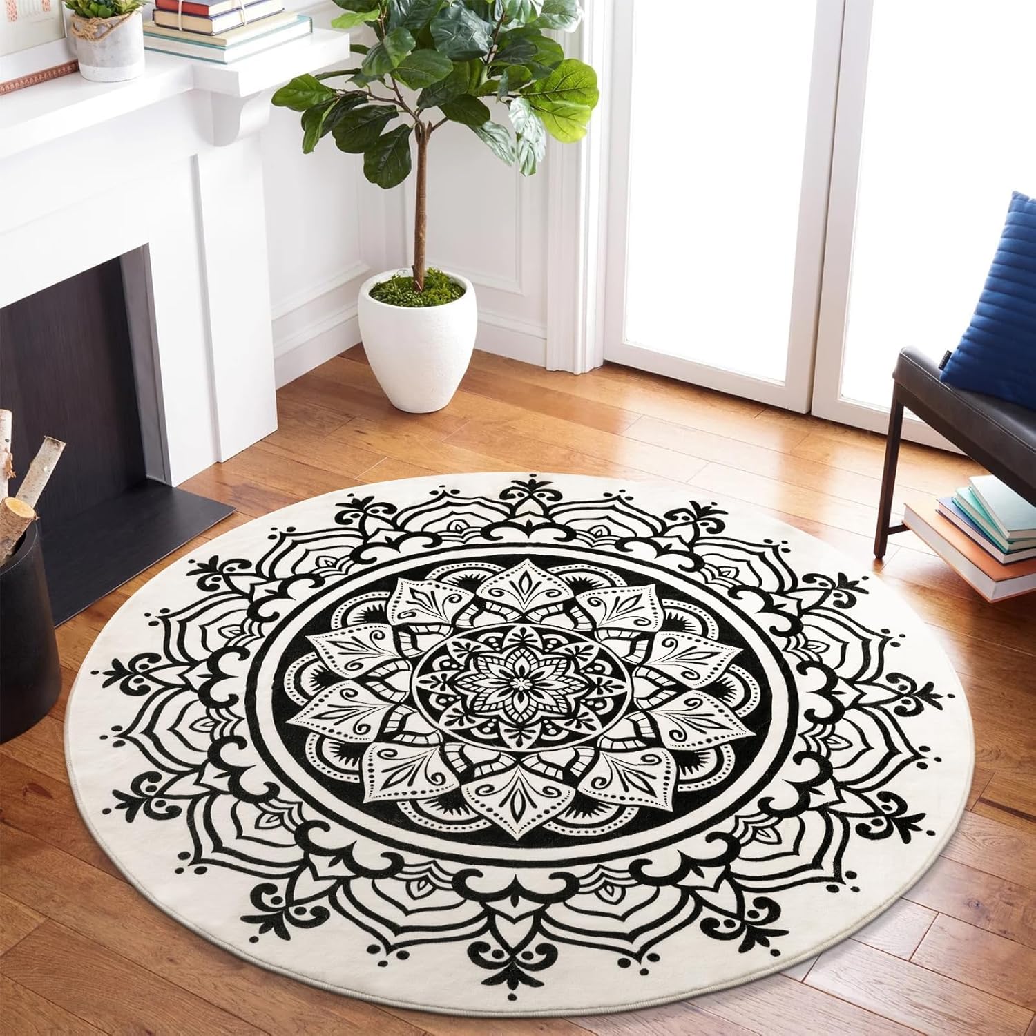 Carvapet Alfombra redonda pequeña de 3 pies con estampado de mandala, antideslizante, lavable a máquina, alfombra suave para tocador, entrada, baño,