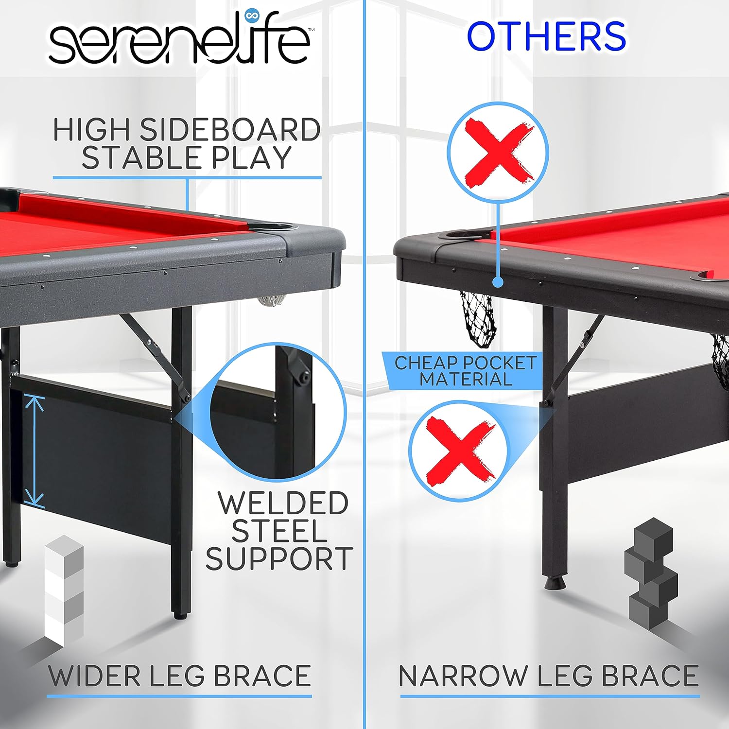 SereneLife Mesa de billar plegable de 6 pies  Mejor en estabilidad  Marco de acero, pizarra totalmente soportada, soportes soldados para patas con