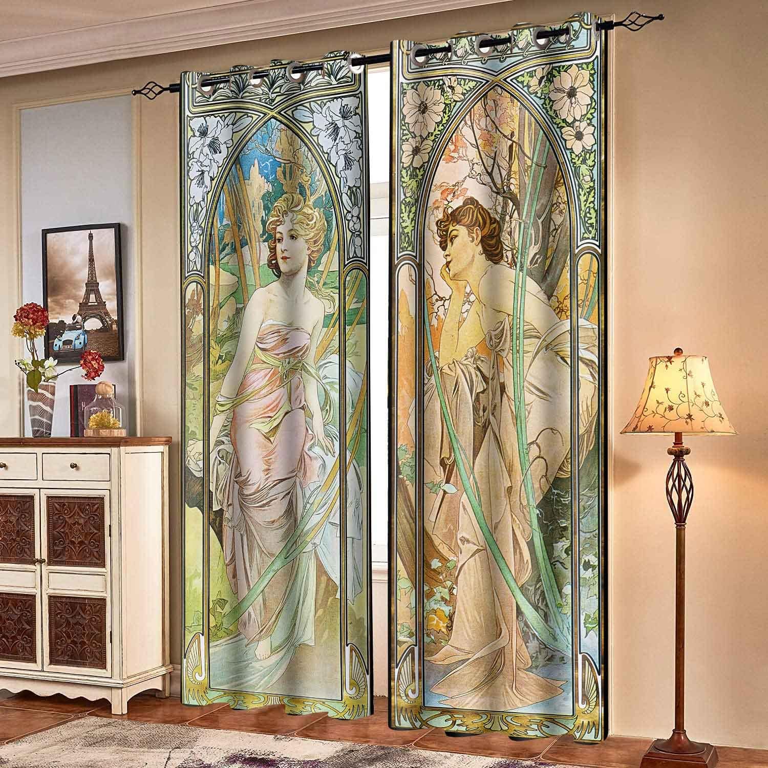 MIZSYE Cortinas opacas Art Nouveau para mujer, serie de temporada de primavera y otoño, estilo pintura al óleo, estilo de mediados de siglo,