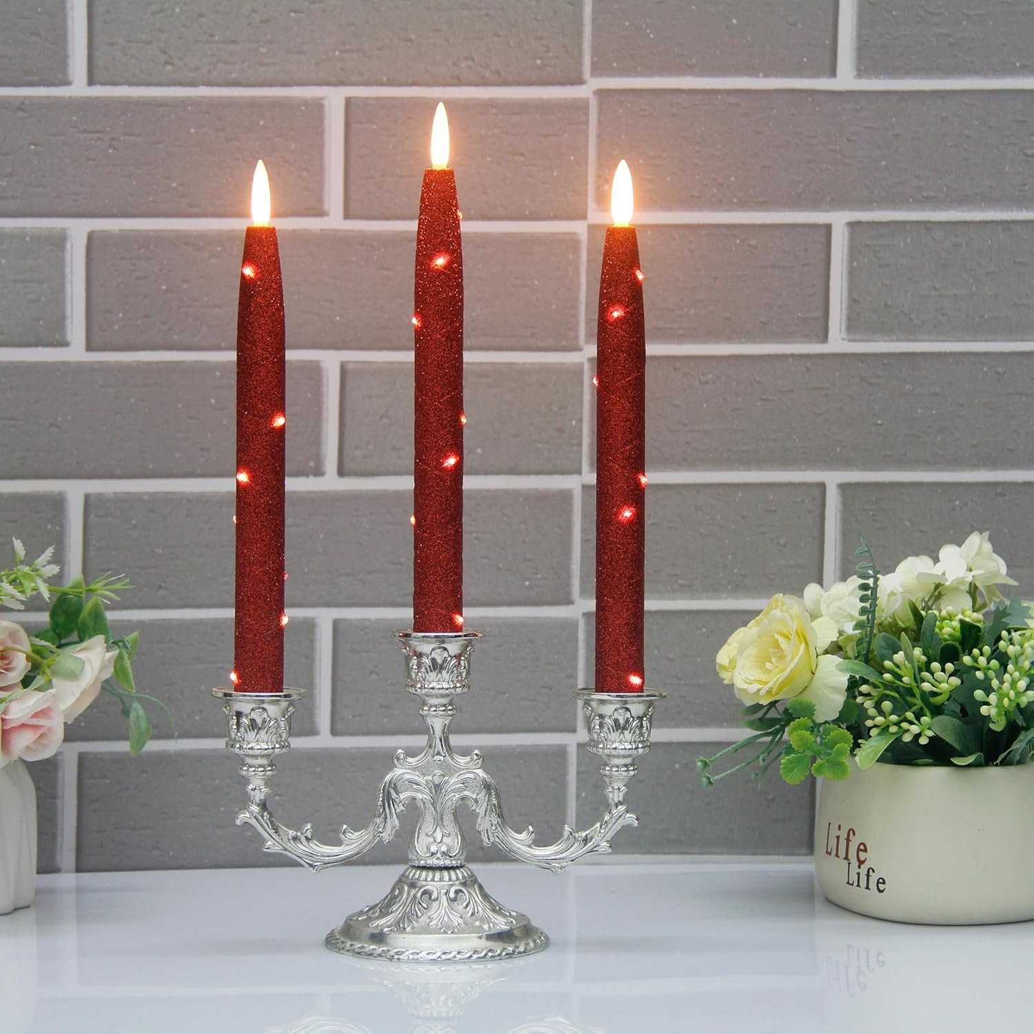 Velas LED sin llama con cuerda de luz de estrellas incrustada, con temporizador remoto, llama parpadeante 3D, velas cónicas falsas para ventana,