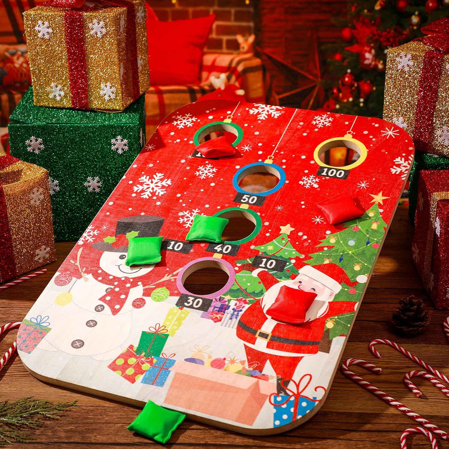 Juego grande de lanzamiento de bolsas de frijoles de Navidad (incluye 6 bolsas, rojo verde) recuerdo de fiesta de Navidad para niños y adultos,