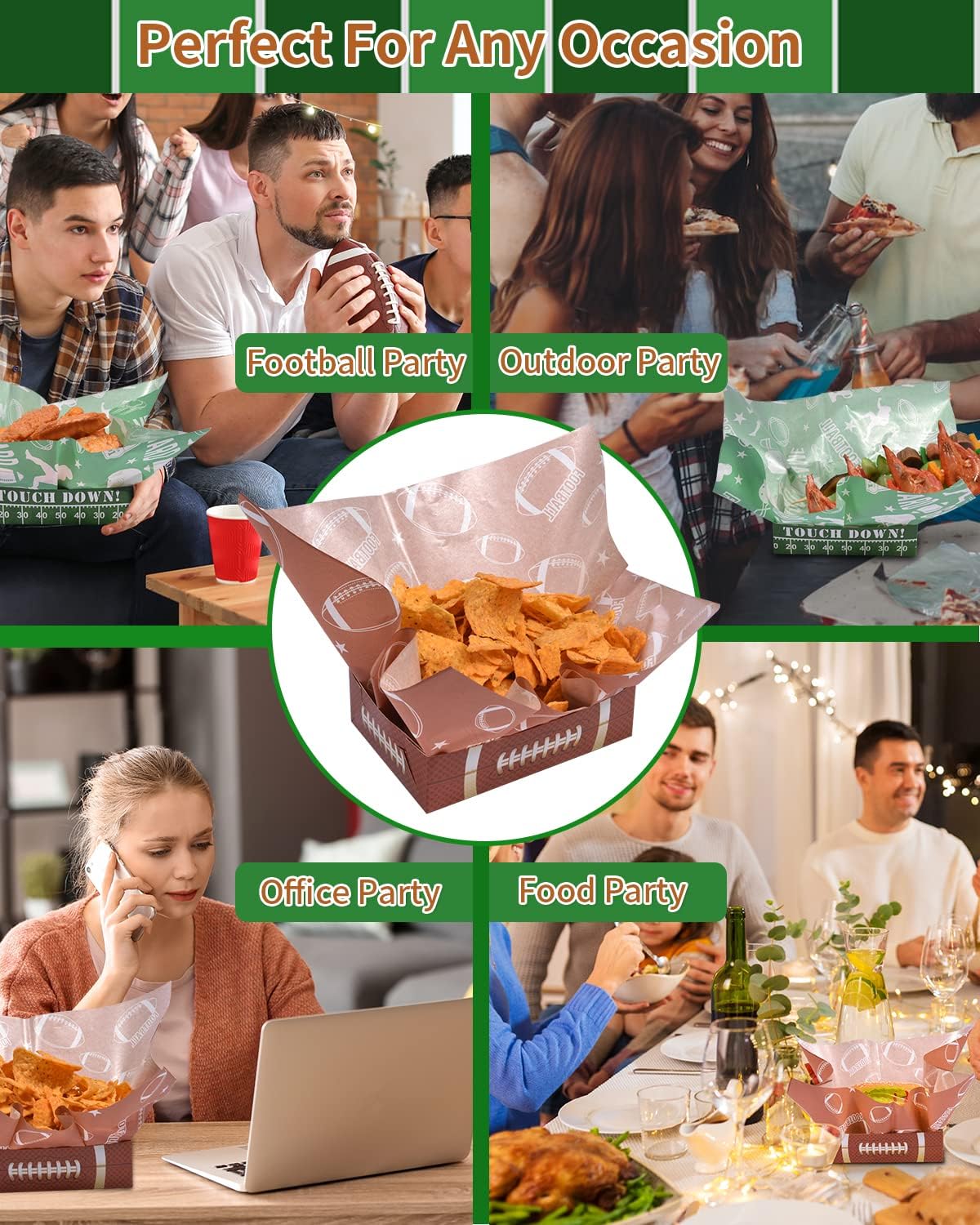 YAYIP Paquete de 50 bandejas de papel desechables con estilo de fútbol, bandejas para nachos y bandeja para perros calientes con papel de