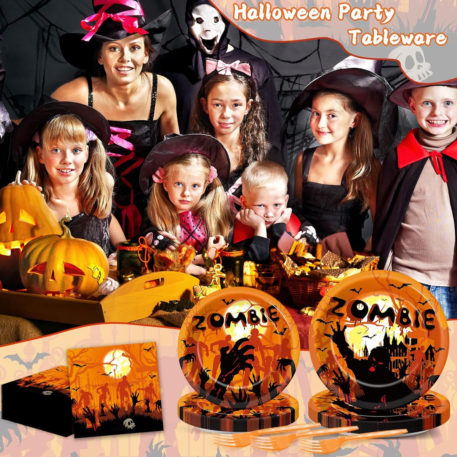 96 piezas de decoraciones de fiesta de Halloween, suministros de fiesta de cumpleaños zombi, platos, servilletas, fiesta de Halloween, vajilla de